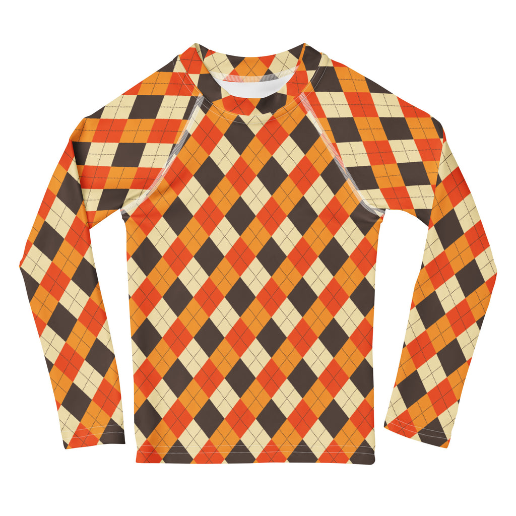 Kids Autumn Argyle Long Sleeve Rash Guard Swim Shirt – Buttery Soft, Sun Safe UPF 50+ Protection, Quick Dry & 4-Way Stretch Comfort