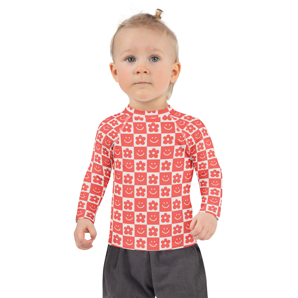 Girls Retro Smile Flower Checkerboard Long Sleeve Rash Guard Swim Shirt – Buttery Soft, Sun Safe UPF 50+ Protection, Quick Dry & 4-Way Stretch Comfort