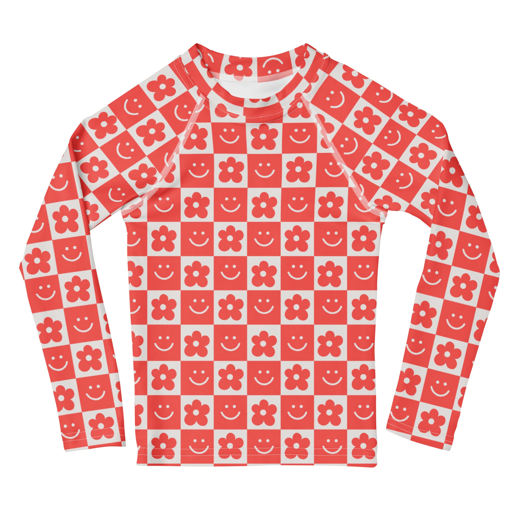 Girls Retro Smile Flower Checkerboard Long Sleeve Rash Guard Swim Shirt – Buttery Soft, Sun Safe UPF 50+ Protection, Quick Dry & 4-Way Stretch Comfort