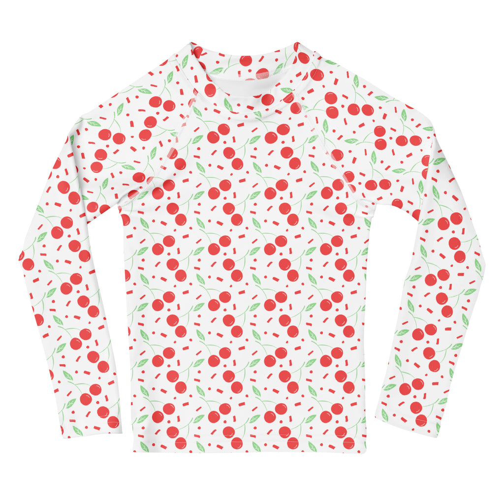 Girls Cherry Confetti Long Sleeve Rash Guard Swim Shirt – Buttery Soft, Sun Safe UPF 50+ Protection, Quick Dry & 4-Way Stretch Comfort