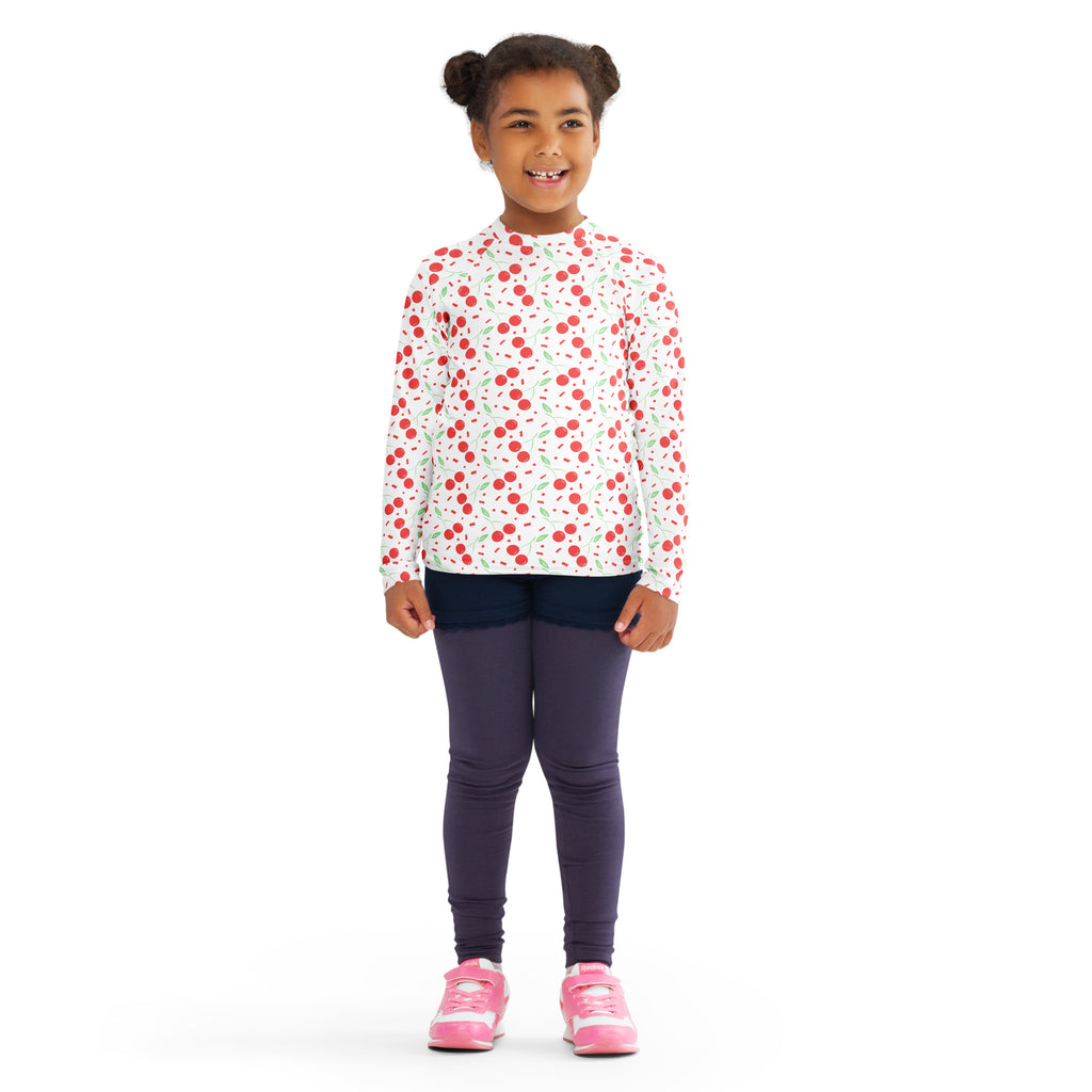 Girls Cherry Confetti Long Sleeve Rash Guard Swim Shirt – Buttery Soft, Sun Safe UPF 50+ Protection, Quick Dry & 4-Way Stretch Comfort