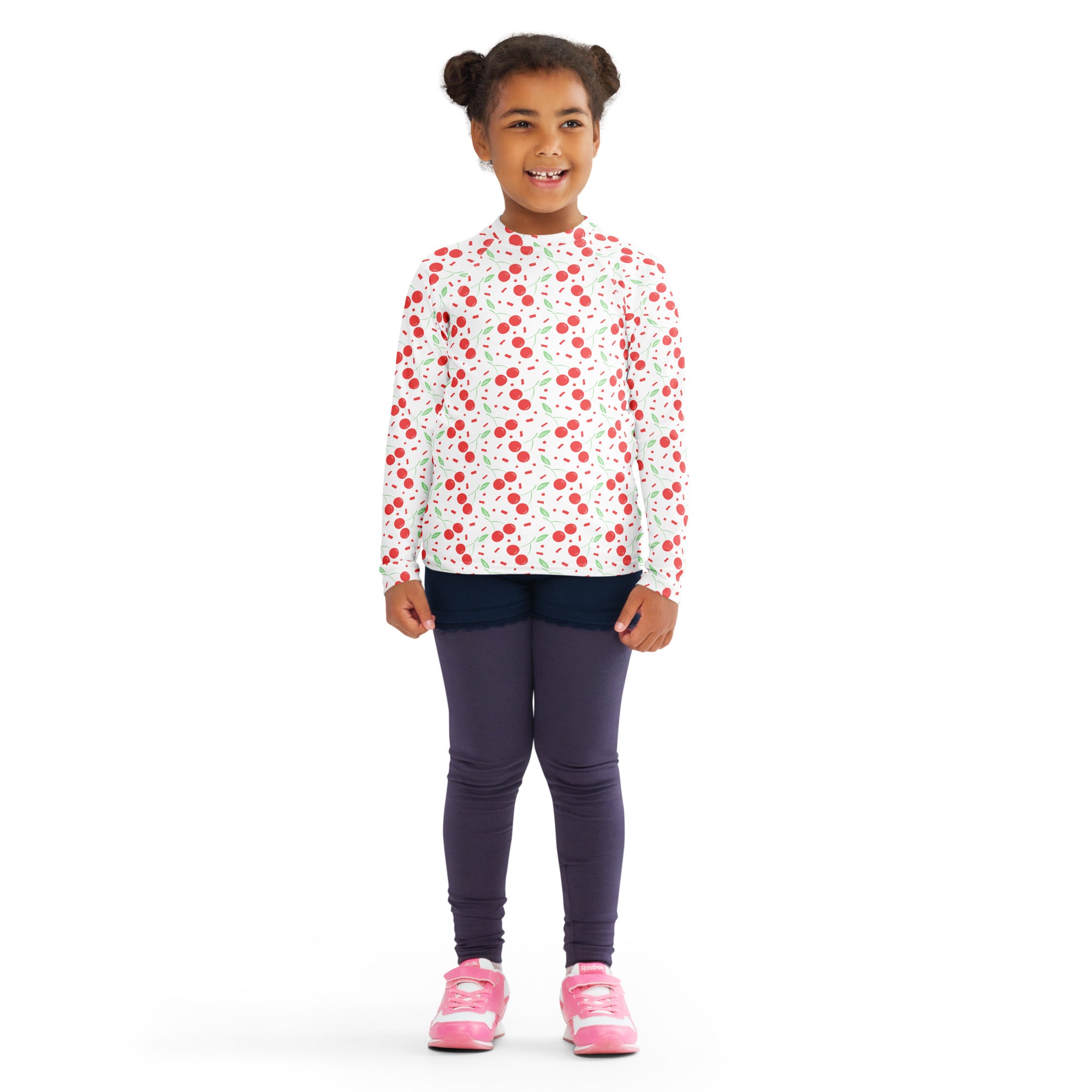 Girls Cherry Confetti Long Sleeve Rash Guard Swim Shirt – Buttery Soft, Sun Safe UPF 50+ Protection, Quick Dry & 4-Way Stretch Comfort