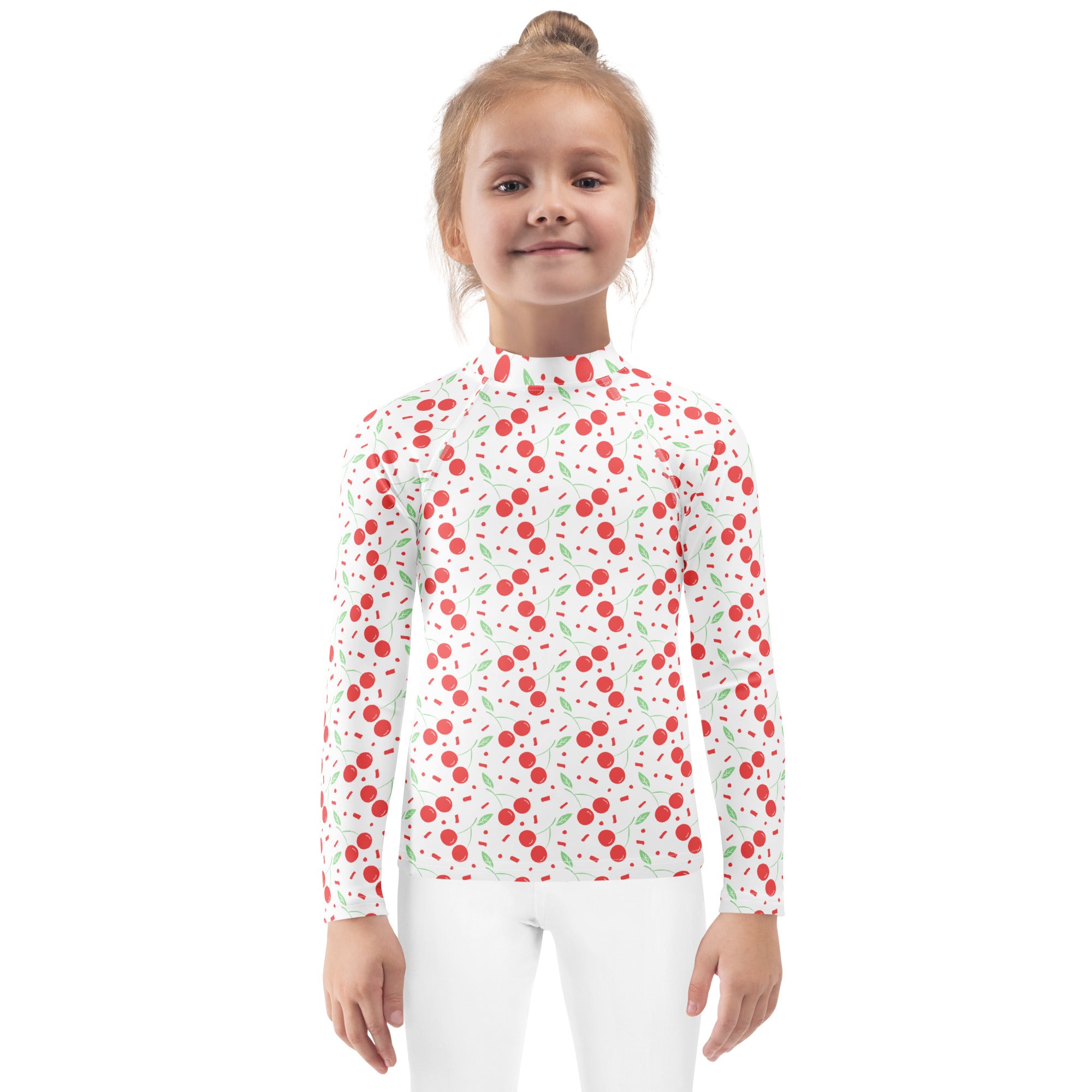 Girls Cherry Confetti Long Sleeve Rash Guard Swim Shirt – Buttery Soft, Sun Safe UPF 50+ Protection, Quick Dry & 4-Way Stretch Comfort