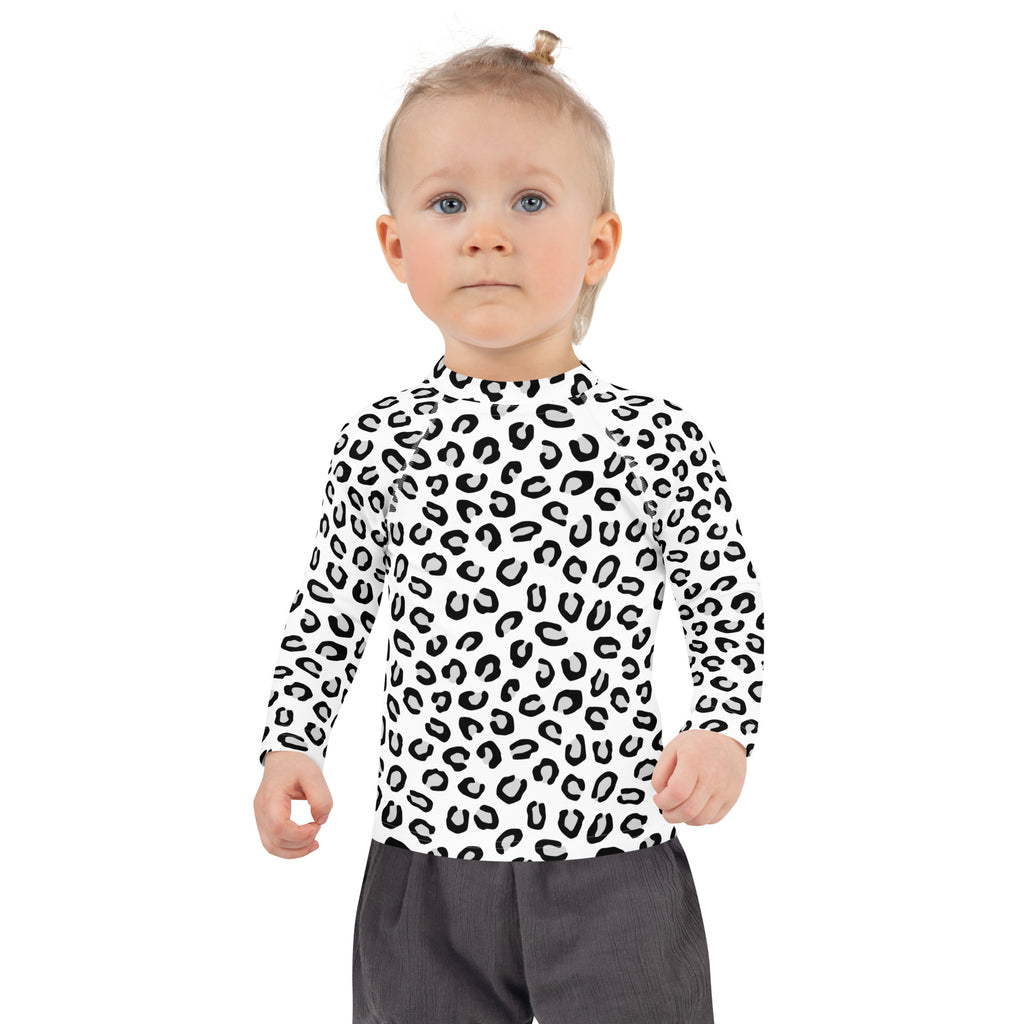 Kids Black & White Leopard Long Sleeve Rash Guard Swim Shirt – Buttery Soft, Sun Safe UPF 50+ Protection, Quick Dry & 4-Way Stretch Comfort