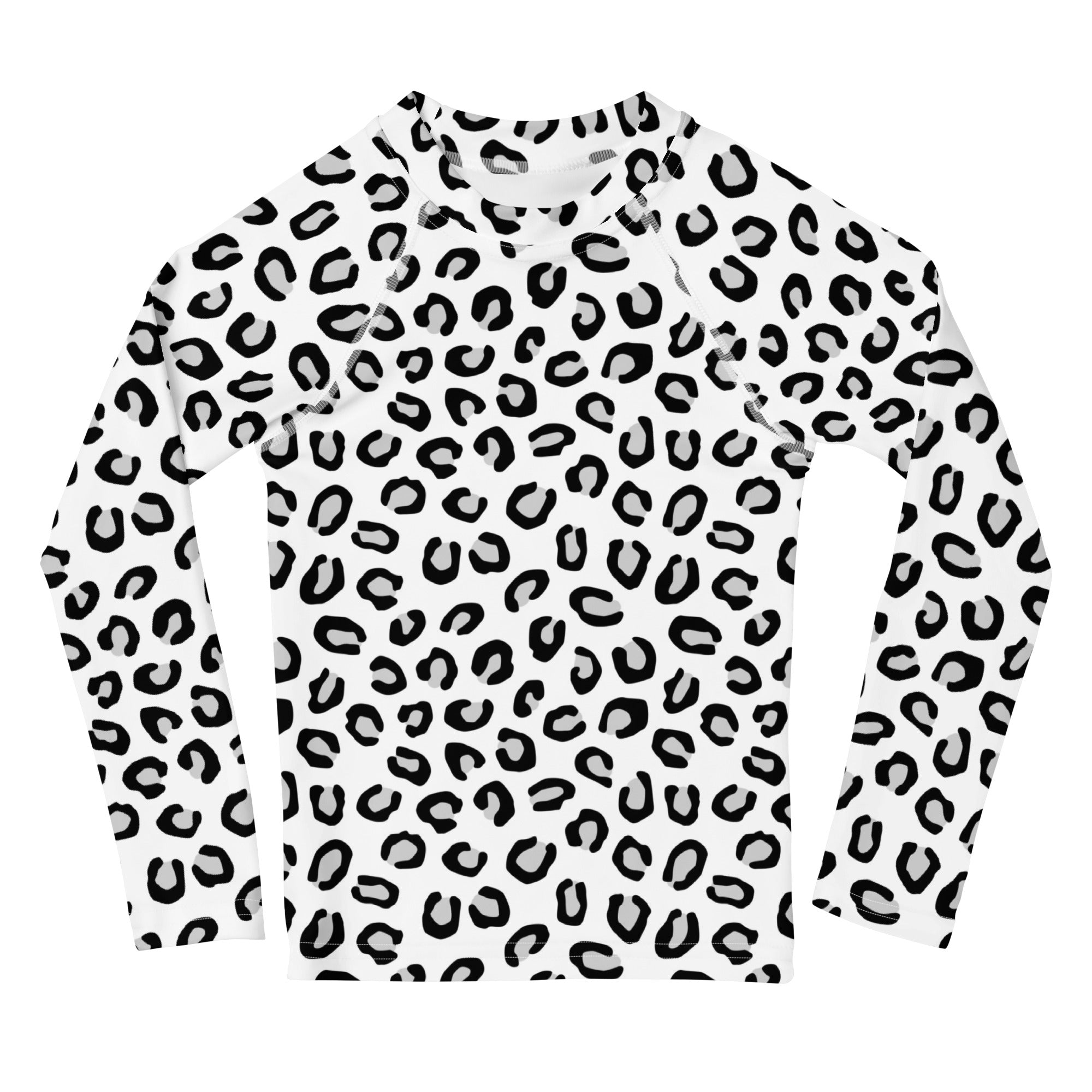 Kids Black & White Leopard Long Sleeve Rash Guard Swim Shirt – Buttery Soft, Sun Safe UPF 50+ Protection, Quick Dry & 4-Way Stretch Comfort
