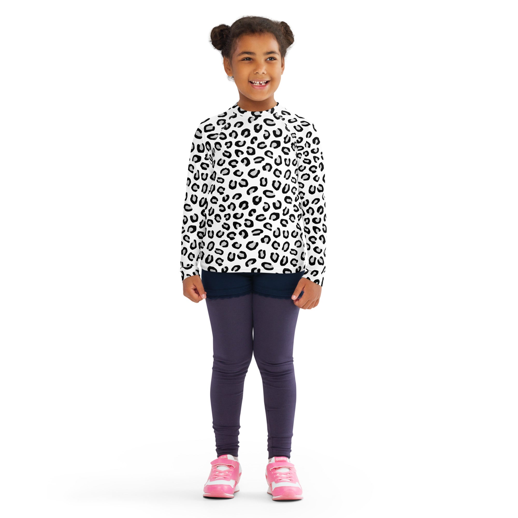 Kids Black & White Leopard Long Sleeve Rash Guard Swim Shirt – Buttery Soft, Sun Safe UPF 50+ Protection, Quick Dry & 4-Way Stretch Comfort