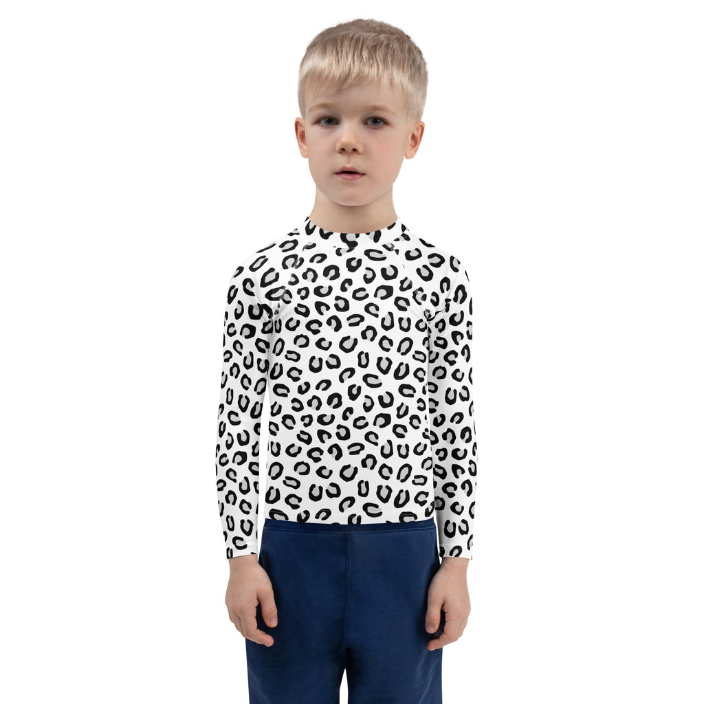 Kids Black & White Leopard Long Sleeve Rash Guard Swim Shirt – Buttery Soft, Sun Safe UPF 50+ Protection, Quick Dry & 4-Way Stretch Comfort