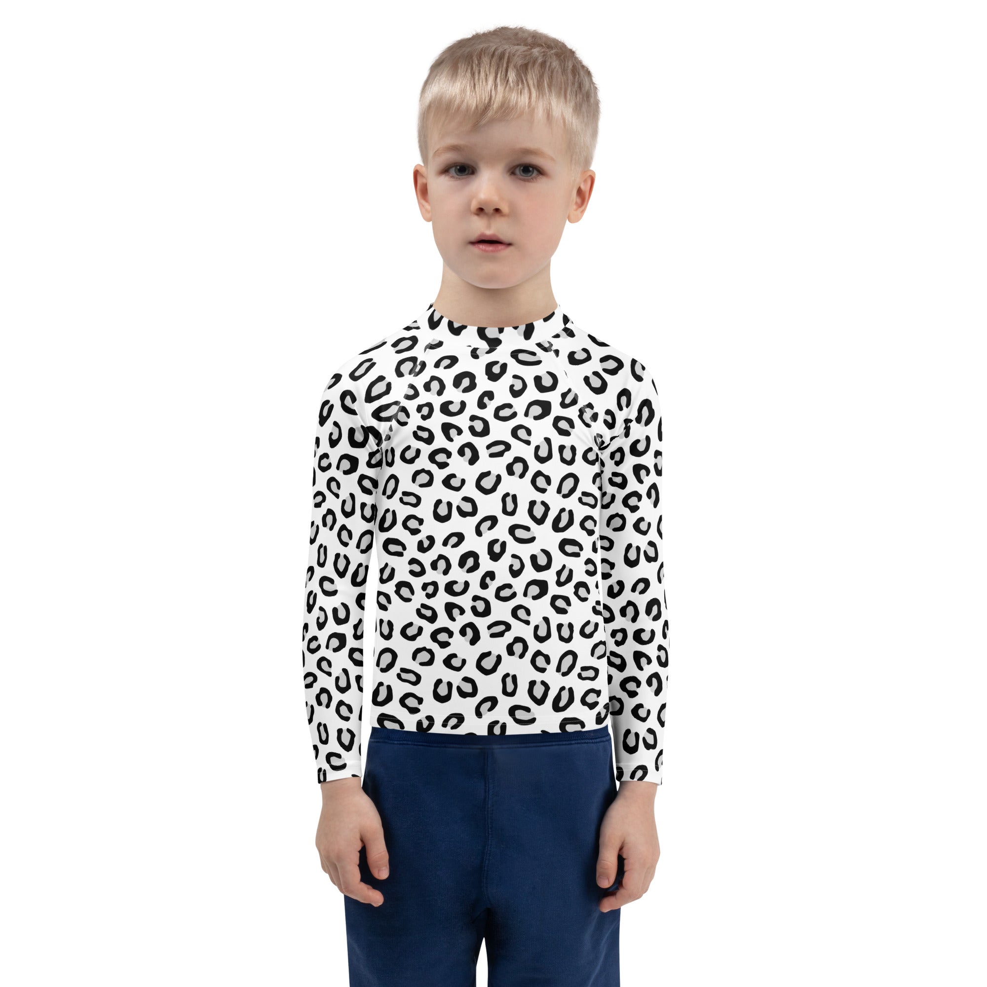 Kids Black & White Leopard Long Sleeve Rash Guard Swim Shirt – Buttery Soft, Sun Safe UPF 50+ Protection, Quick Dry & 4-Way Stretch Comfort