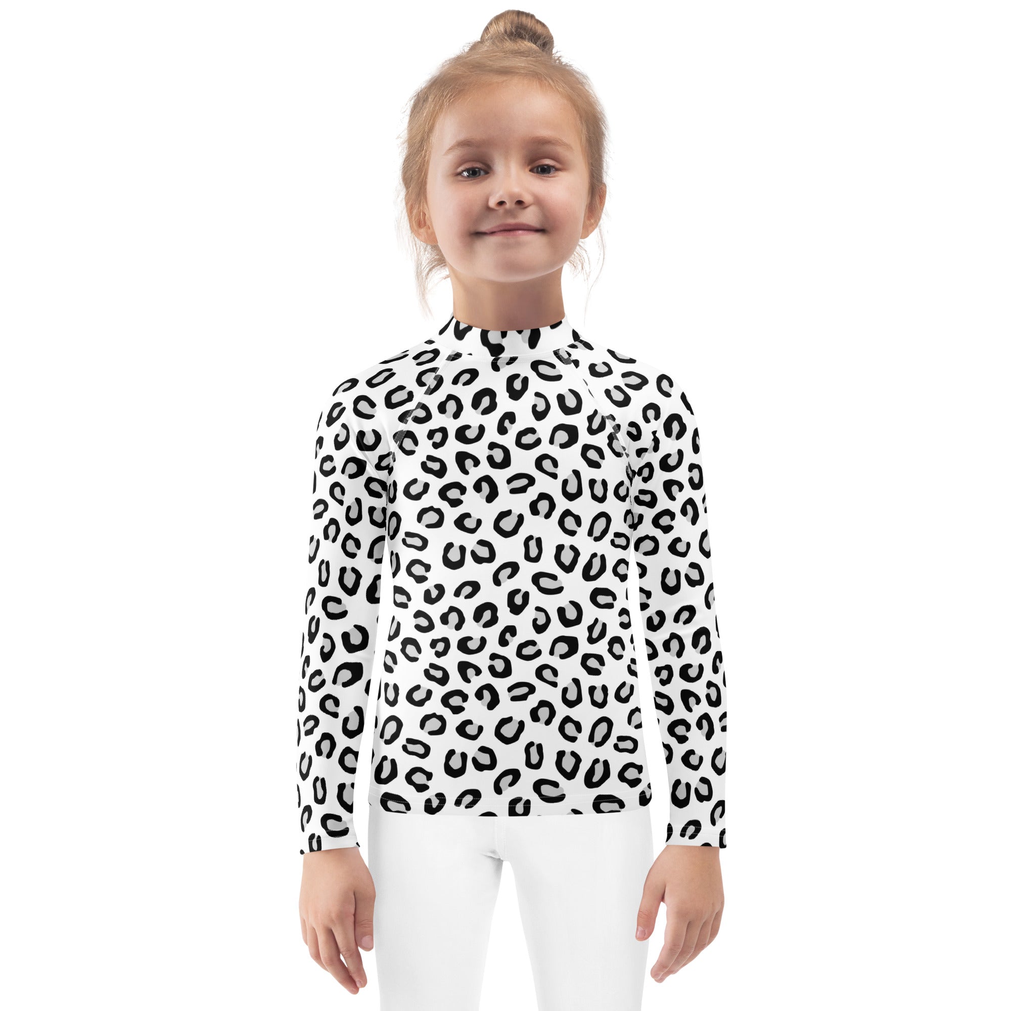 Kids Black & White Leopard Long Sleeve Rash Guard Swim Shirt – Buttery Soft, Sun Safe UPF 50+ Protection, Quick Dry & 4-Way Stretch Comfort