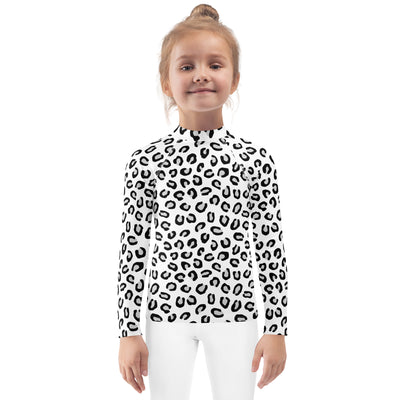 Kids Black & White Leopard Long Sleeve Rash Guard Swim Shirt – Buttery Soft, Sun Safe UPF 50+ Protection, Quick Dry & 4-Way Stretch Comfort