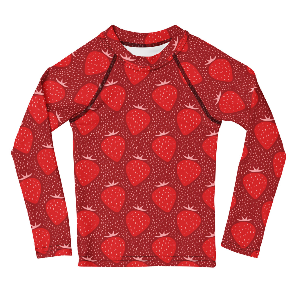 Kids Red Strawberry Long Sleeve Rash Guard Swim Shirt – Buttery Soft, Sun Safe UPF 50+ Protection, Quick Dry & 4-Way Stretch Comfort