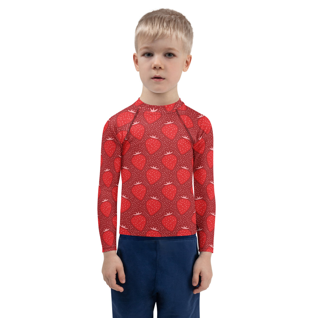 Kids Red Strawberry Long Sleeve Rash Guard Swim Shirt – Buttery Soft, Sun Safe UPF 50+ Protection, Quick Dry & 4-Way Stretch Comfort