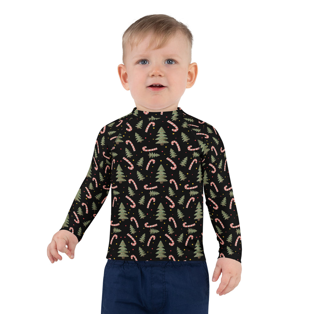 Kids Christmas Tree Candy Cane Long Sleeve Rash Guard Swim Shirt – Buttery Soft, Sun Safe UPF 50+ Protection, Quick Dry & 4-Way Stretch Comfort
