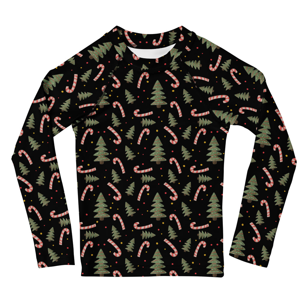Kids Christmas Tree Candy Cane Long Sleeve Rash Guard Swim Shirt – Buttery Soft, Sun Safe UPF 50+ Protection, Quick Dry & 4-Way Stretch Comfort
