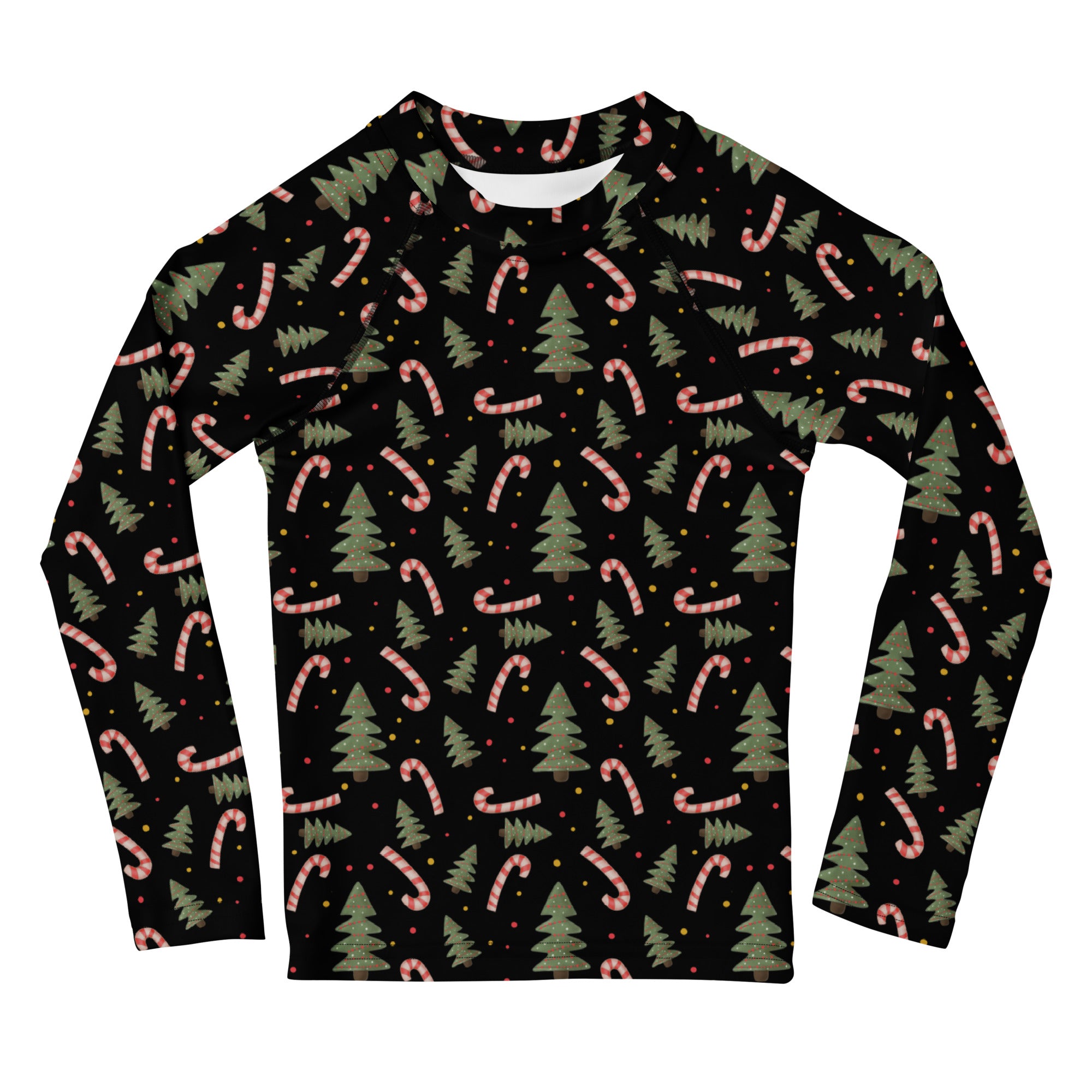 Kids Christmas Tree Candy Cane Long Sleeve Rash Guard Swim Shirt – Buttery Soft, Sun Safe UPF 50+ Protection, Quick Dry & 4-Way Stretch Comfort