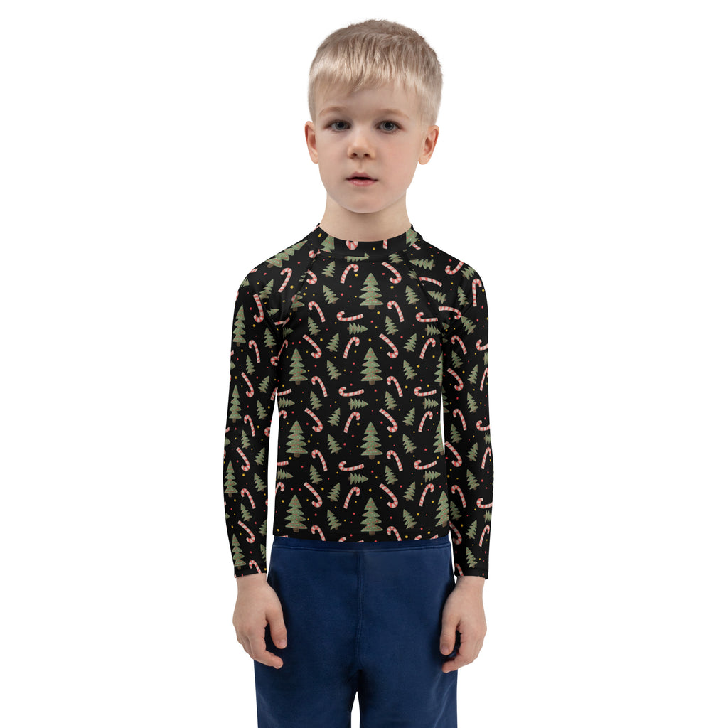 Kids Christmas Tree Candy Cane Long Sleeve Rash Guard Swim Shirt – Buttery Soft, Sun Safe UPF 50+ Protection, Quick Dry & 4-Way Stretch Comfort