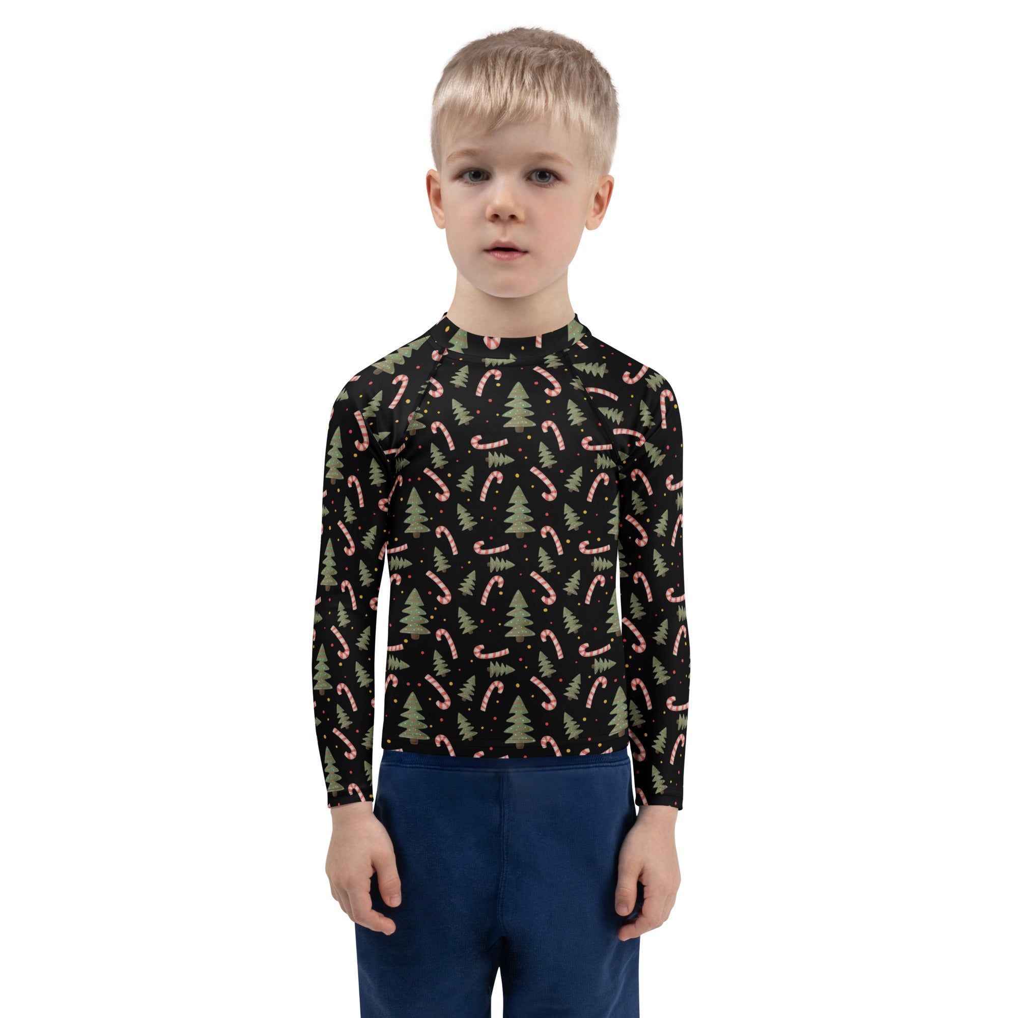 Kids Christmas Tree Candy Cane Long Sleeve Rash Guard Swim Shirt – Buttery Soft, Sun Safe UPF 50+ Protection, Quick Dry & 4-Way Stretch Comfort