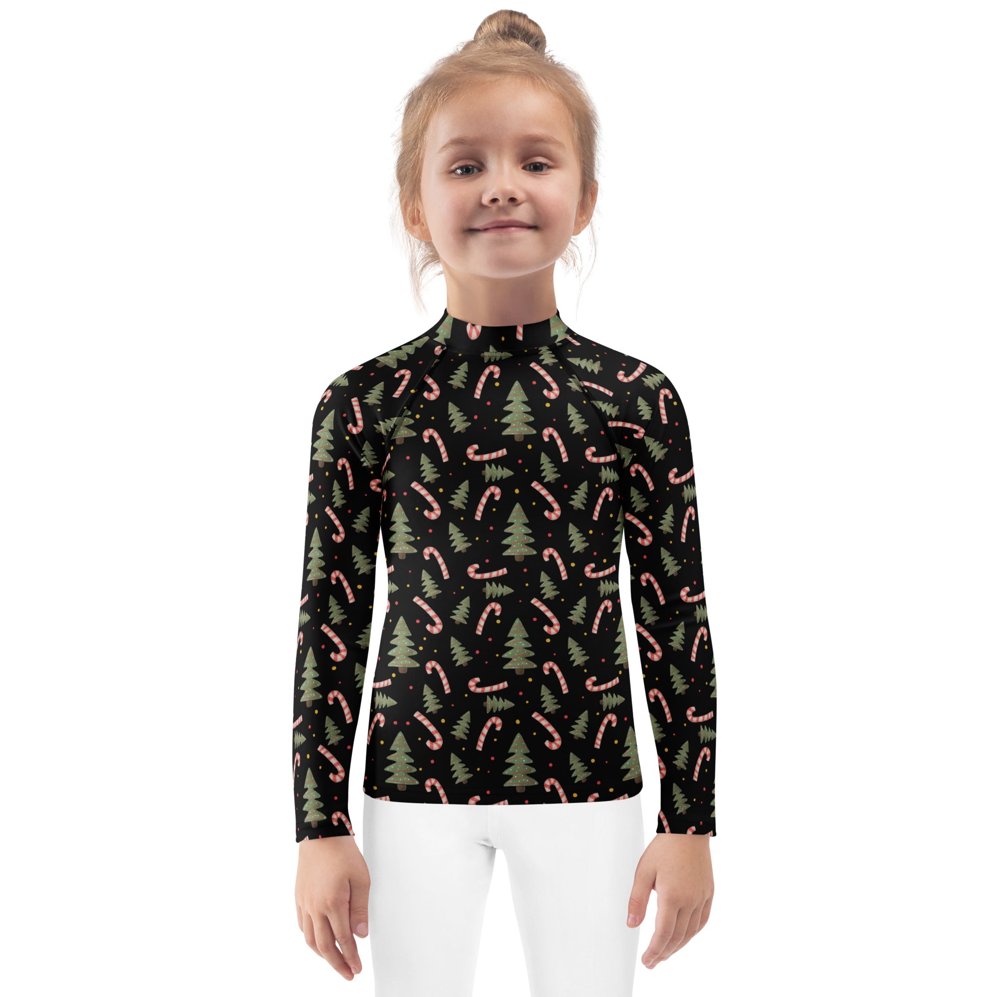 Kids Christmas Tree Candy Cane Long Sleeve Rash Guard Swim Shirt – Buttery Soft, Sun Safe UPF 50+ Protection, Quick Dry & 4-Way Stretch Comfort