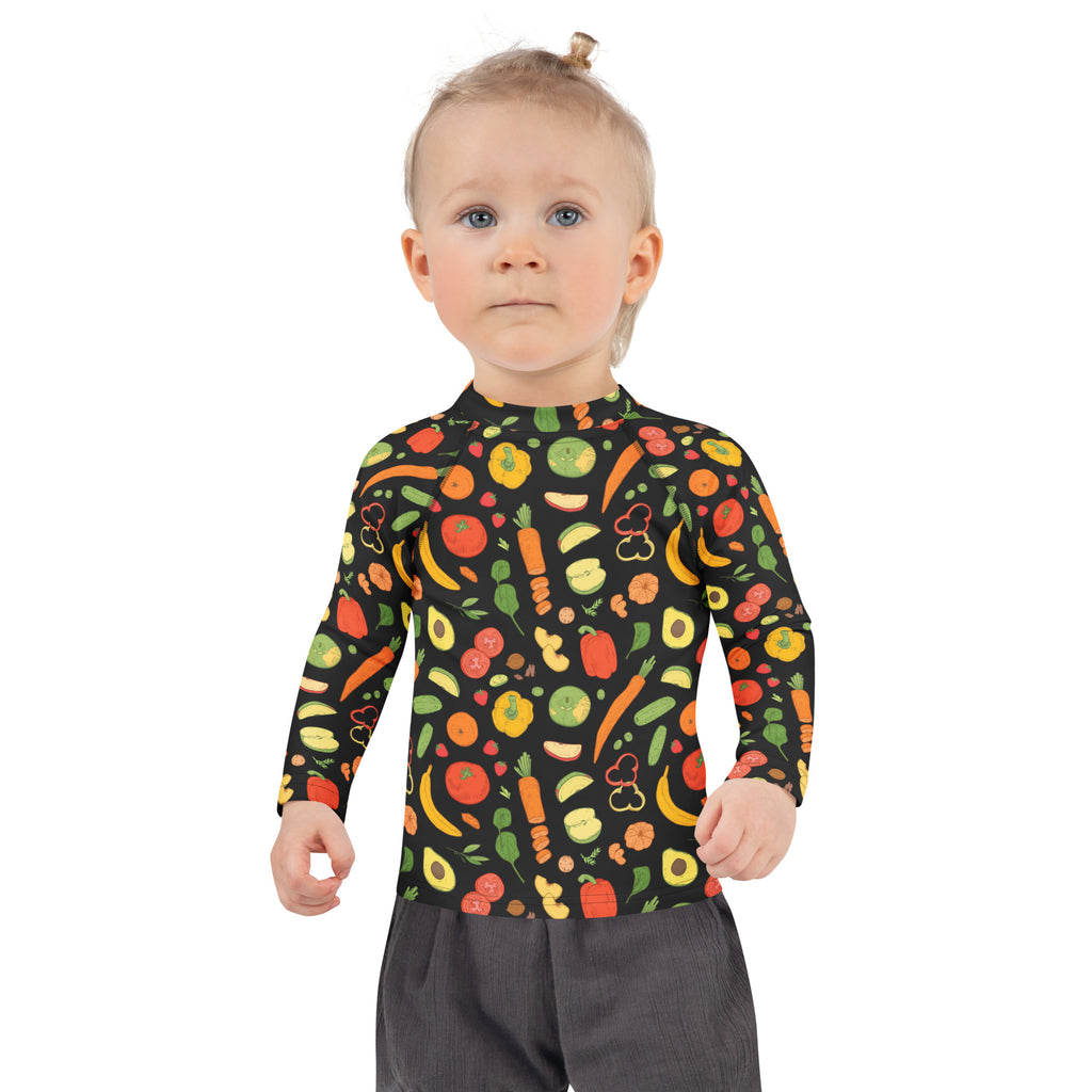 Kids Healthy Fruits & Veggies Long Sleeve Rash Guard Swim Shirt – Buttery Soft, Sun Safe UPF 50+ Protection, Quick Dry & 4-Way Stretch Comfort