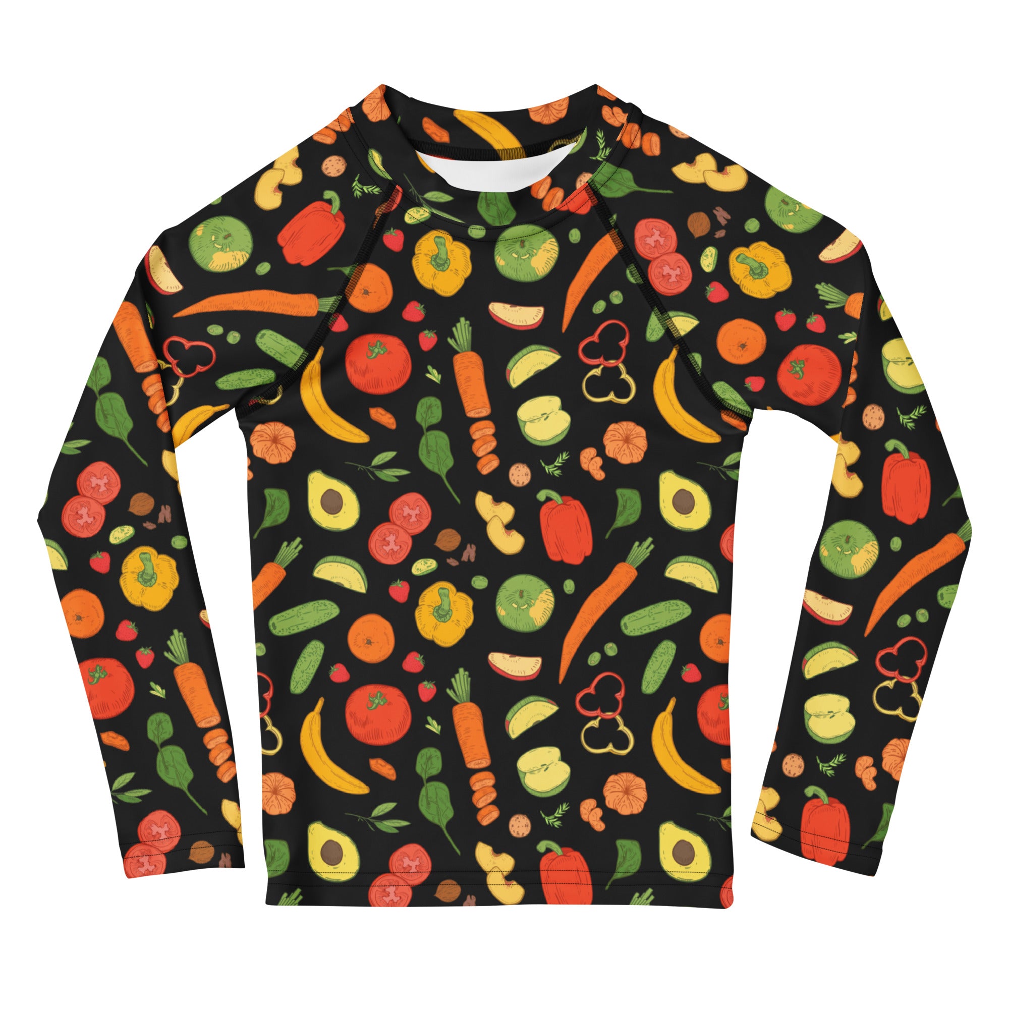 Kids Healthy Fruits & Veggies Long Sleeve Rash Guard Swim Shirt – Buttery Soft, Sun Safe UPF 50+ Protection, Quick Dry & 4-Way Stretch Comfort