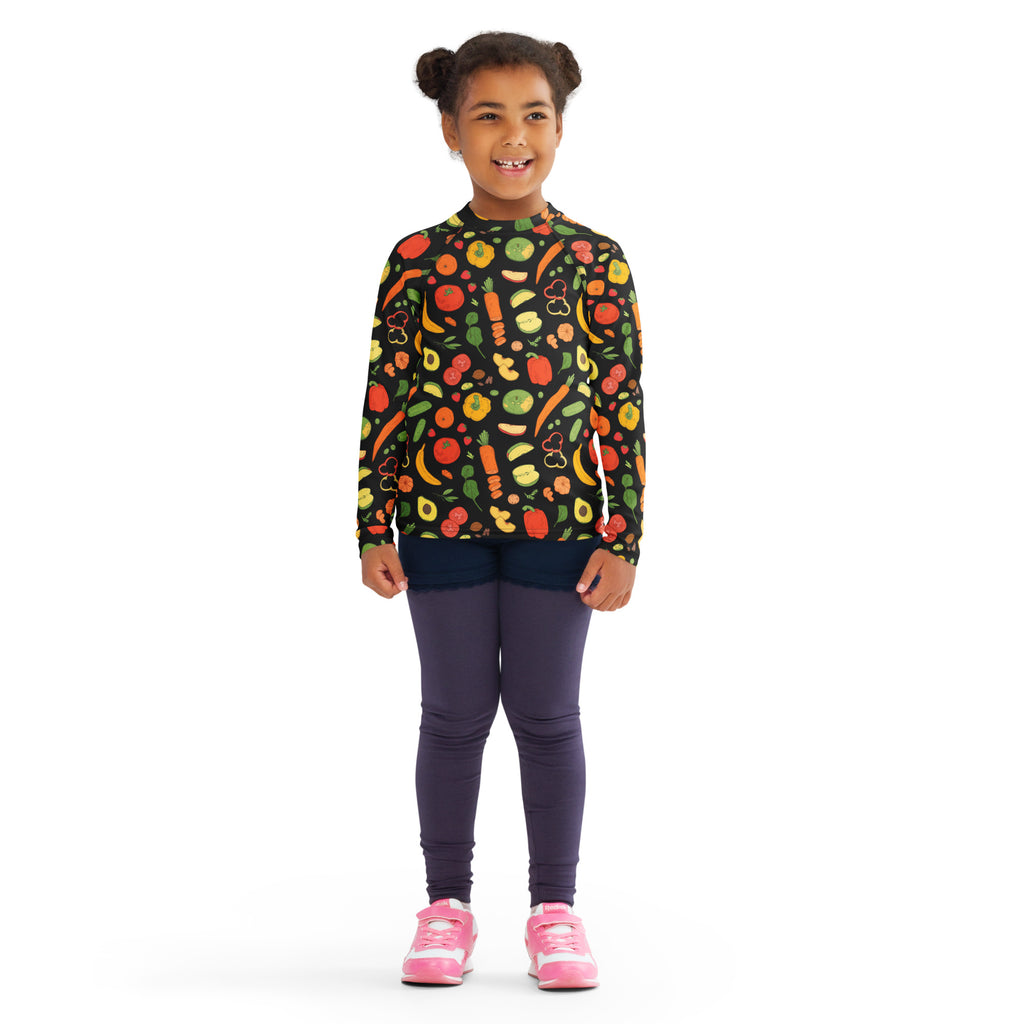 Kids Healthy Fruits & Veggies Long Sleeve Rash Guard Swim Shirt – Buttery Soft, Sun Safe UPF 50+ Protection, Quick Dry & 4-Way Stretch Comfort