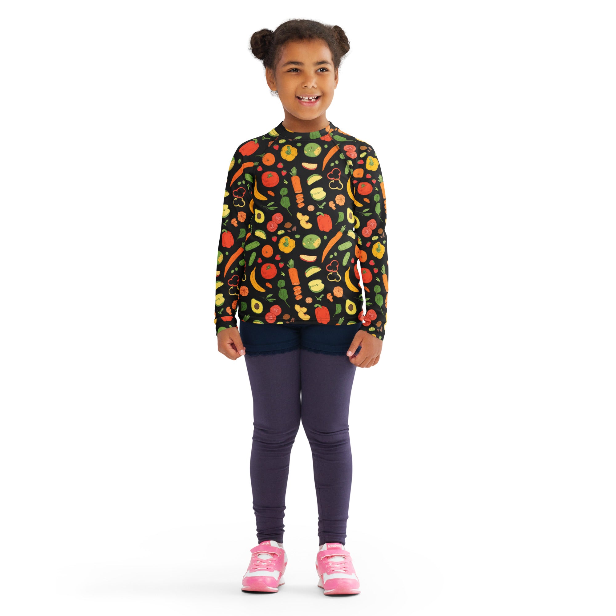 Kids Healthy Fruits & Veggies Long Sleeve Rash Guard Swim Shirt – Buttery Soft, Sun Safe UPF 50+ Protection, Quick Dry & 4-Way Stretch Comfort