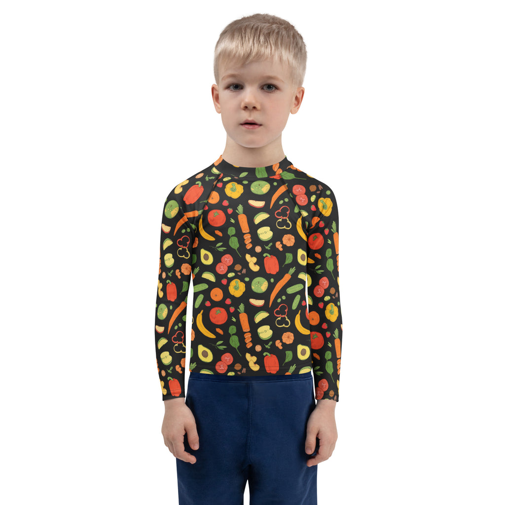 Kids Healthy Fruits & Veggies Long Sleeve Rash Guard Swim Shirt – Buttery Soft, Sun Safe UPF 50+ Protection, Quick Dry & 4-Way Stretch Comfort