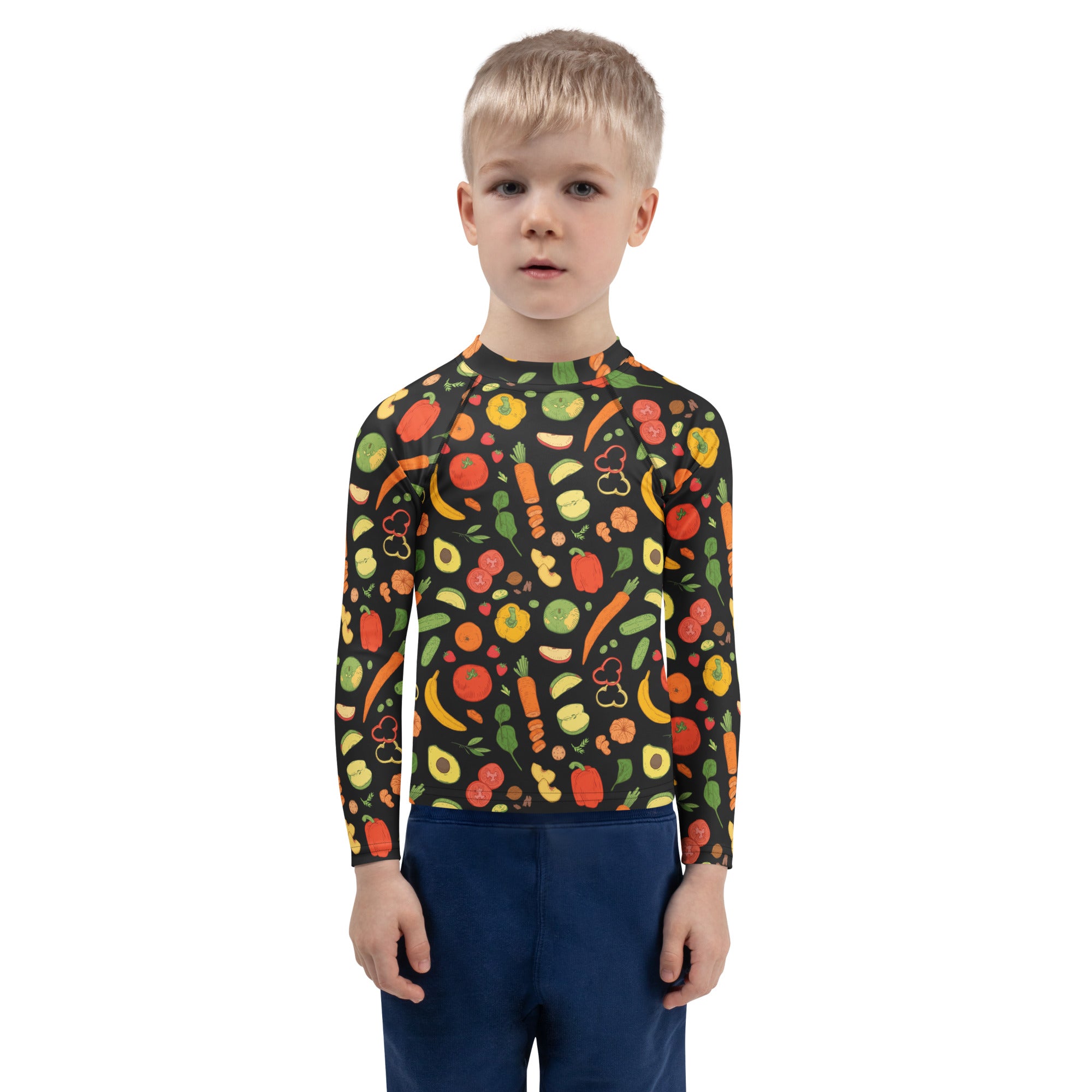 Kids Healthy Fruits & Veggies Long Sleeve Rash Guard Swim Shirt – Buttery Soft, Sun Safe UPF 50+ Protection, Quick Dry & 4-Way Stretch Comfort