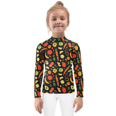 Kids Healthy Fruits & Veggies Long Sleeve Rash Guard Swim Shirt – Buttery Soft, Sun Safe UPF 50+ Protection, Quick Dry & 4-Way Stretch Comfort