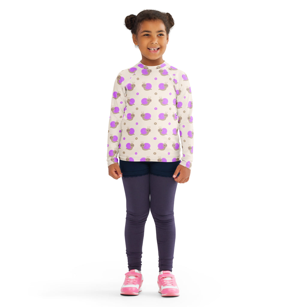 Girls Purple Snails Long Sleeve Rash Guard Swim Shirt – Buttery Soft, Sun Safe UPF 50+ Protection, Quick Dry & 4-Way Stretch Comfort
