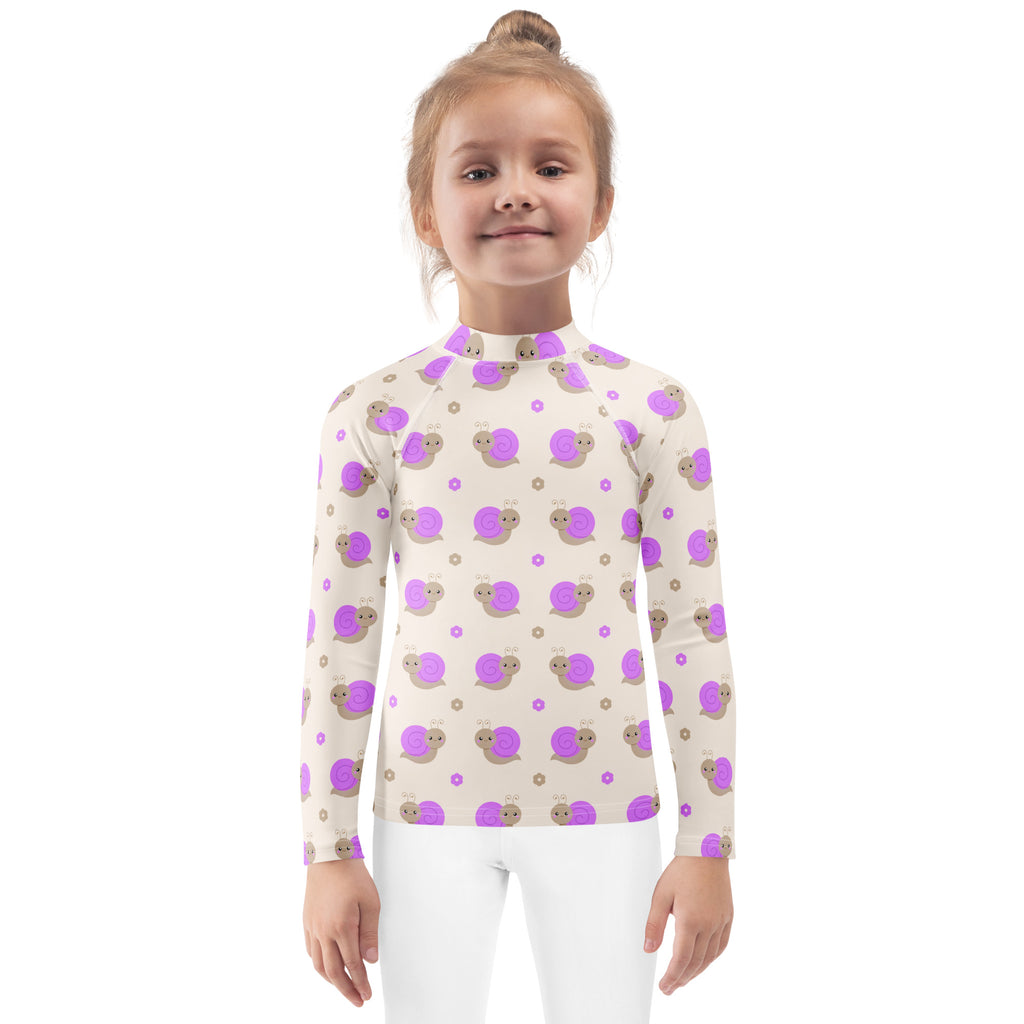 Girls Purple Snails Long Sleeve Rash Guard Swim Shirt – Buttery Soft, Sun Safe UPF 50+ Protection, Quick Dry & 4-Way Stretch Comfort