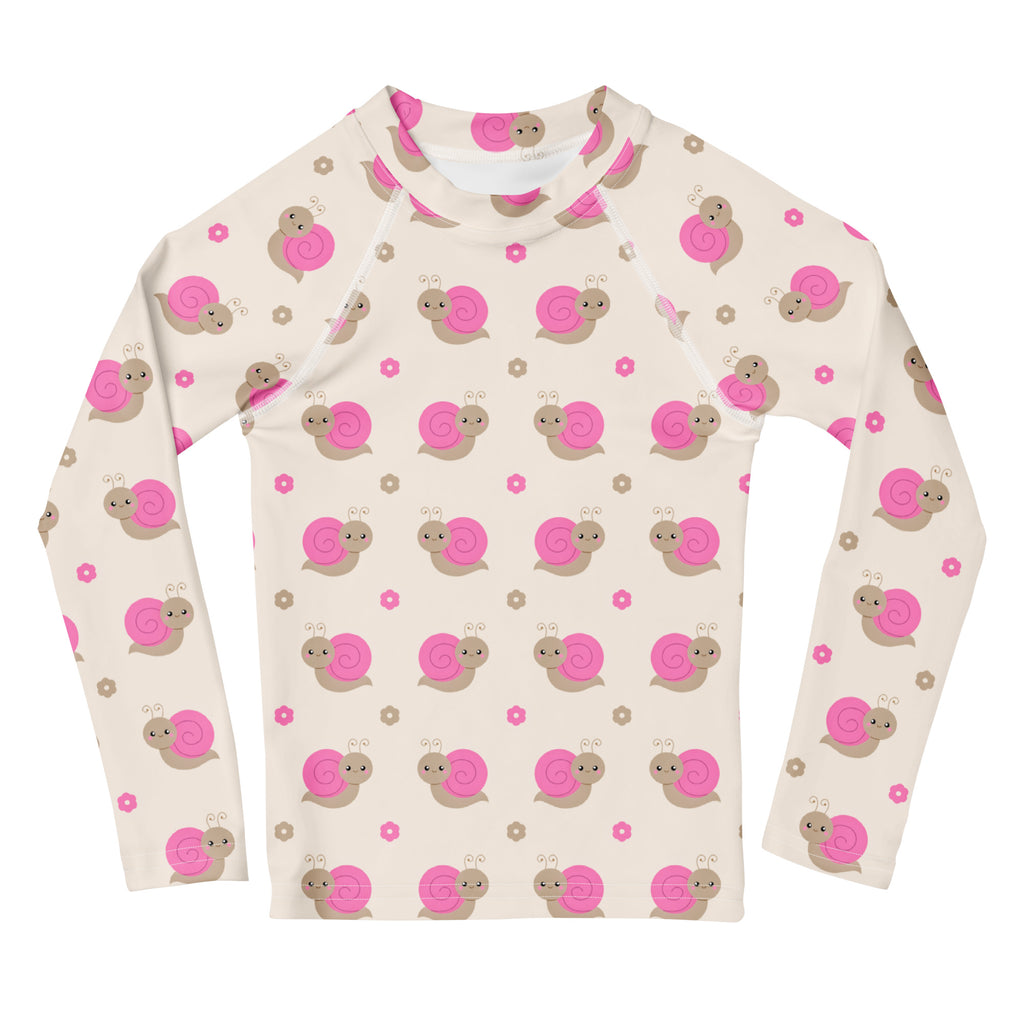 Girls Pink Snails Long Sleeve Rash Guard Swim Shirt – Buttery Soft, Sun Safe UPF 50+ Protection, Quick Dry & 4-Way Stretch Comfort