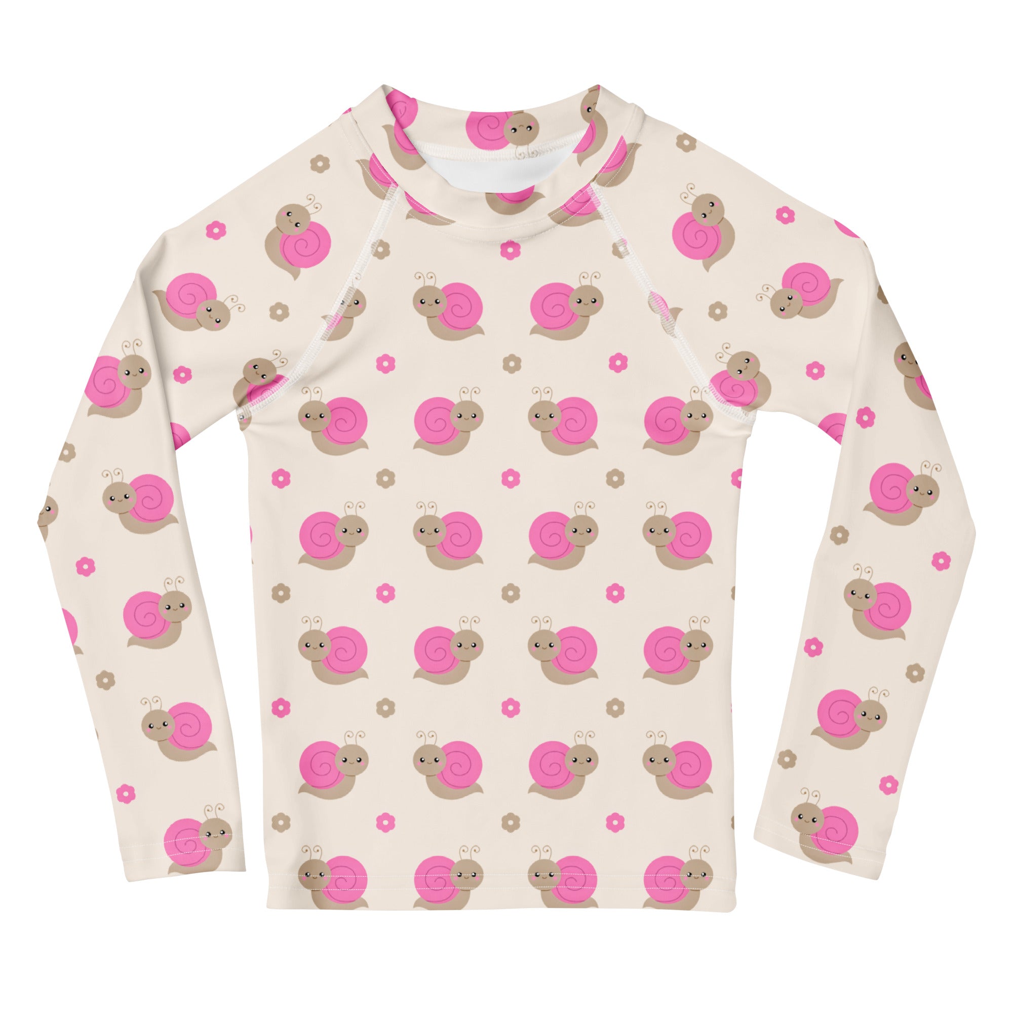 Girls Pink Snails Long Sleeve Rash Guard Swim Shirt – Buttery Soft, Sun Safe UPF 50+ Protection, Quick Dry & 4-Way Stretch Comfort
