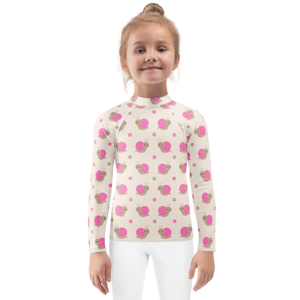 Girls Pink Snails Long Sleeve Rash Guard Swim Shirt – Buttery Soft, Sun Safe UPF 50+ Protection, Quick Dry & 4-Way Stretch Comfort