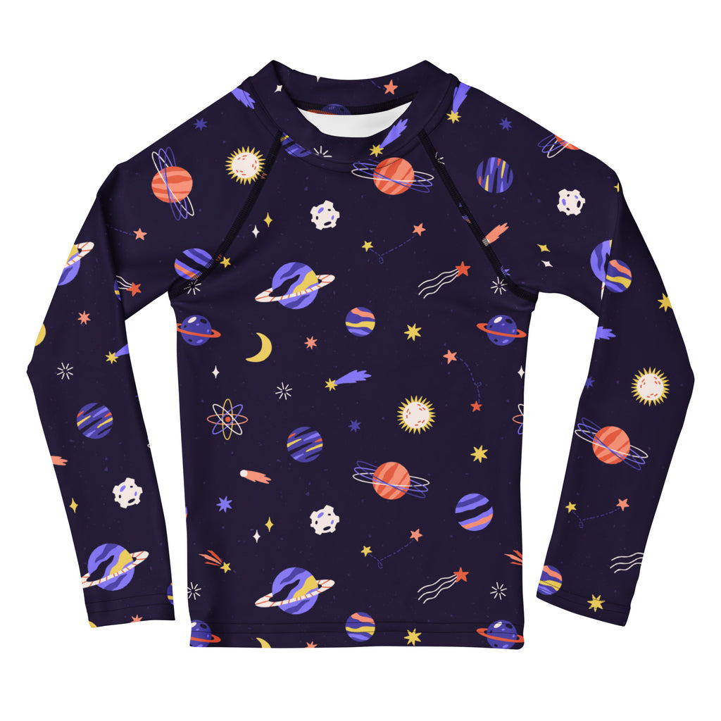 Girls Purple Galaxy Space Long Sleeve Rash Guard Swim Shirt – Buttery Soft, Sun Safe UPF 50+ Protection, Quick Dry & 4-Way Stretch Comfort