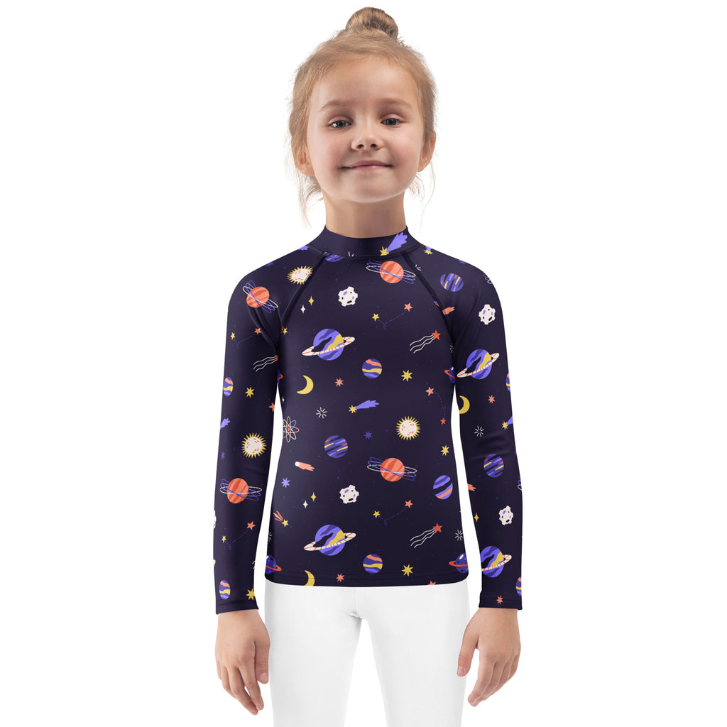 Girls Purple Galaxy Space Long Sleeve Rash Guard Swim Shirt – Buttery Soft, Sun Safe UPF 50+ Protection, Quick Dry & 4-Way Stretch Comfort