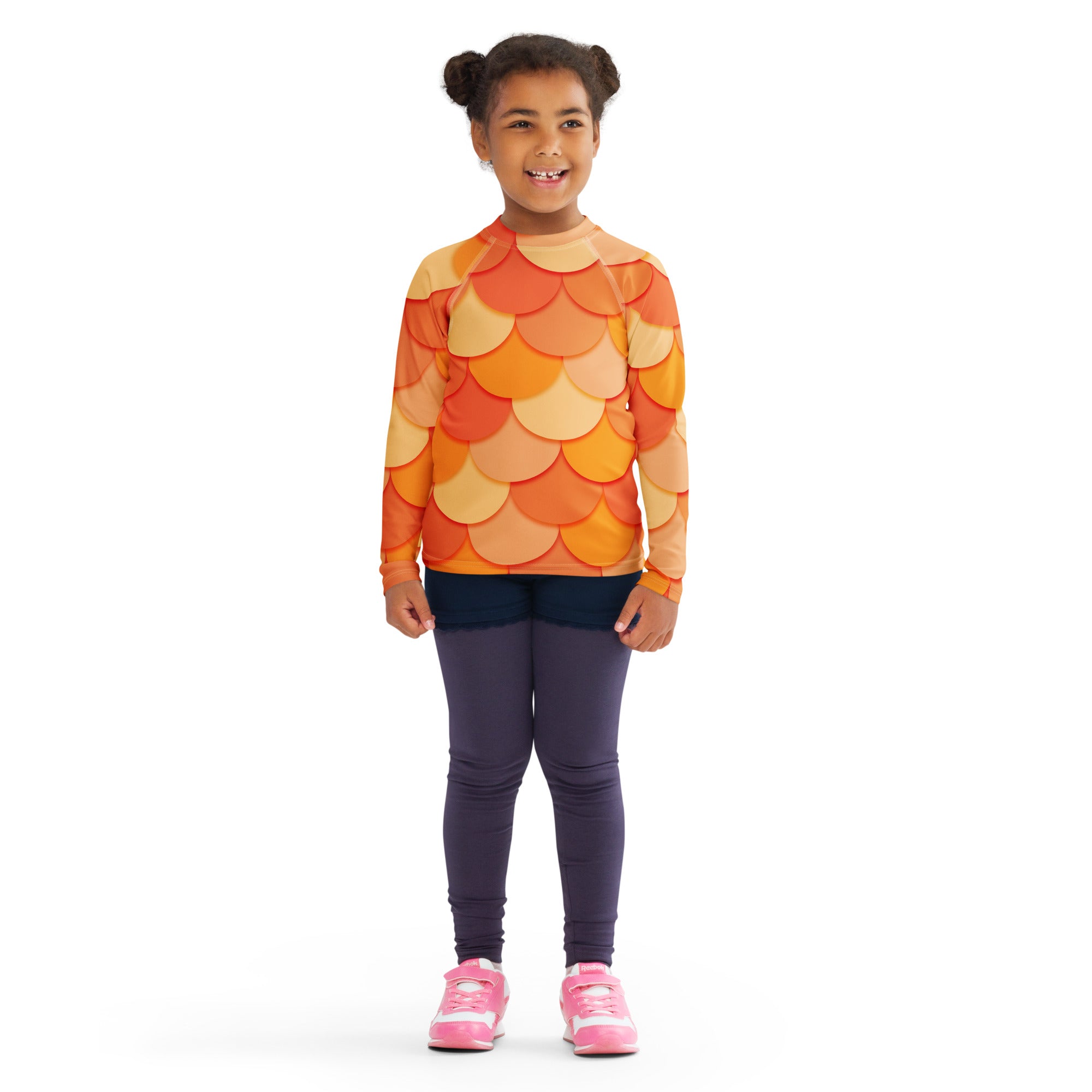 Girls Orange Mermaid Long Sleeve Rash Guard Swim Shirt – Buttery Soft, Sun Safe UPF 50+ Protection, Quick Dry & 4-Way Stretch Comfort