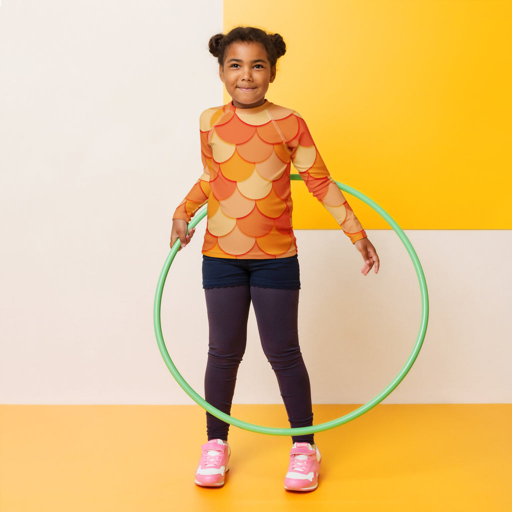 Girls Orange Mermaid Long Sleeve Rash Guard Swim Shirt – Buttery Soft, Sun Safe UPF 50+ Protection, Quick Dry & 4-Way Stretch Comfort