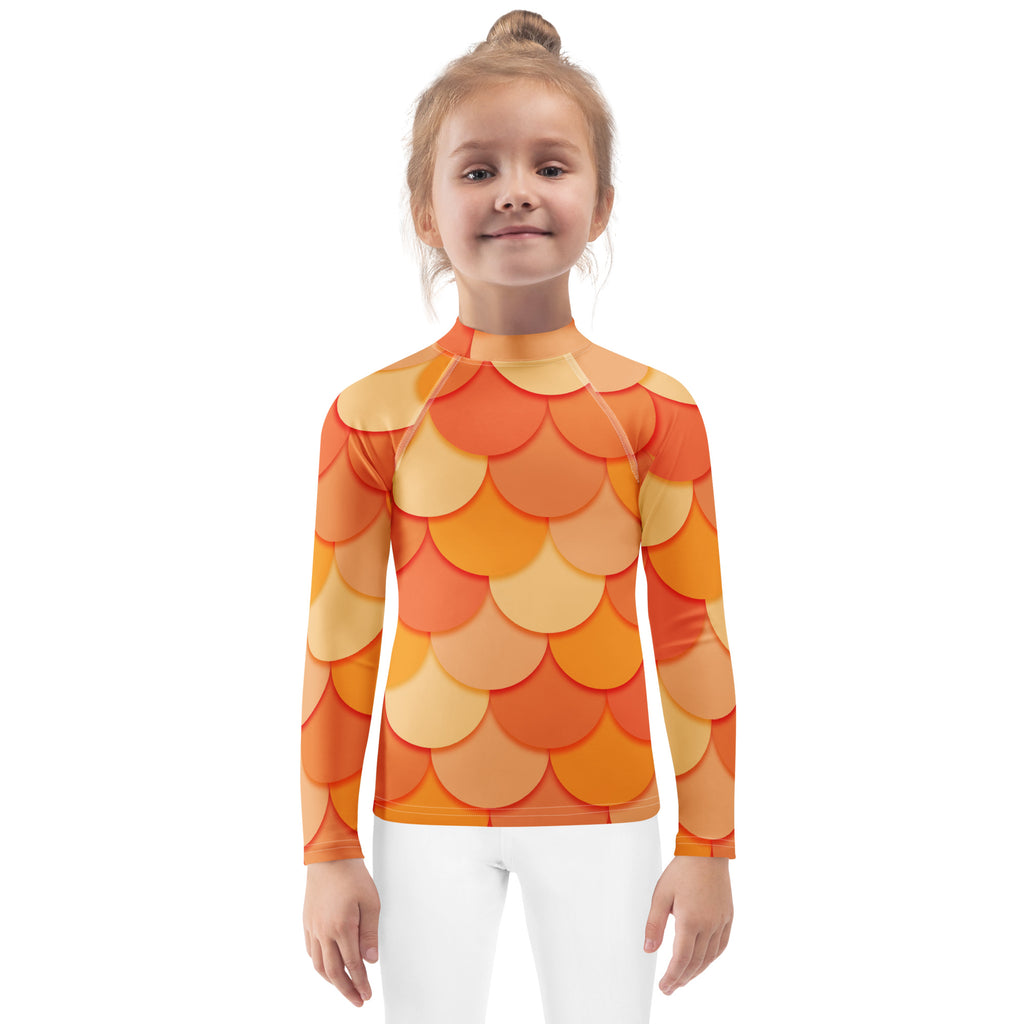 Girls Orange Mermaid Long Sleeve Rash Guard Swim Shirt – Buttery Soft, Sun Safe UPF 50+ Protection, Quick Dry & 4-Way Stretch Comfort