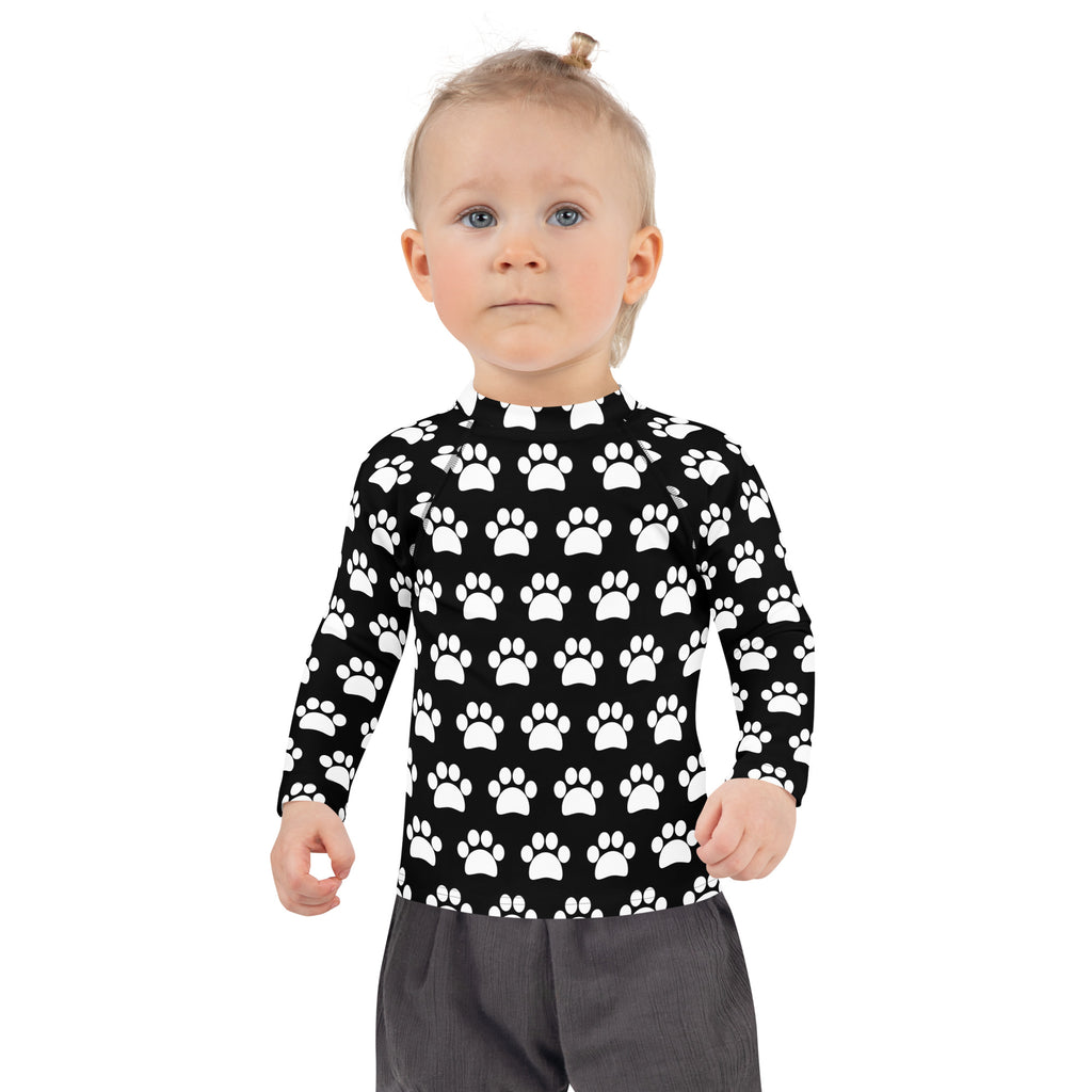 Kids Black Paw Print Long Sleeve Rash Guard Swim Shirt – Buttery Soft, Sun Safe UPF 50+ Protection, Quick Dry & 4-Way Stretch Comfort
