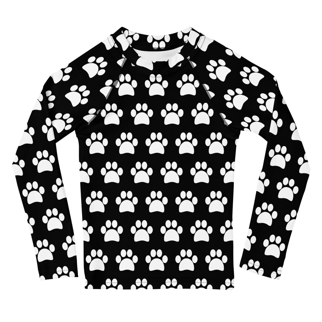 Kids Black Paw Print Long Sleeve Rash Guard Swim Shirt – Buttery Soft, Sun Safe UPF 50+ Protection, Quick Dry & 4-Way Stretch Comfort