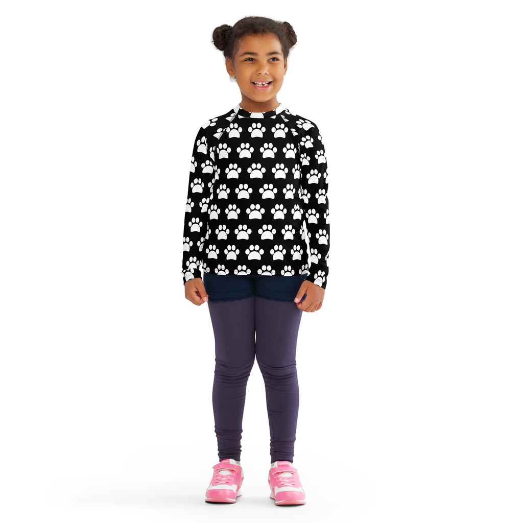 Kids Black Paw Print Long Sleeve Rash Guard Swim Shirt – Buttery Soft, Sun Safe UPF 50+ Protection, Quick Dry & 4-Way Stretch Comfort