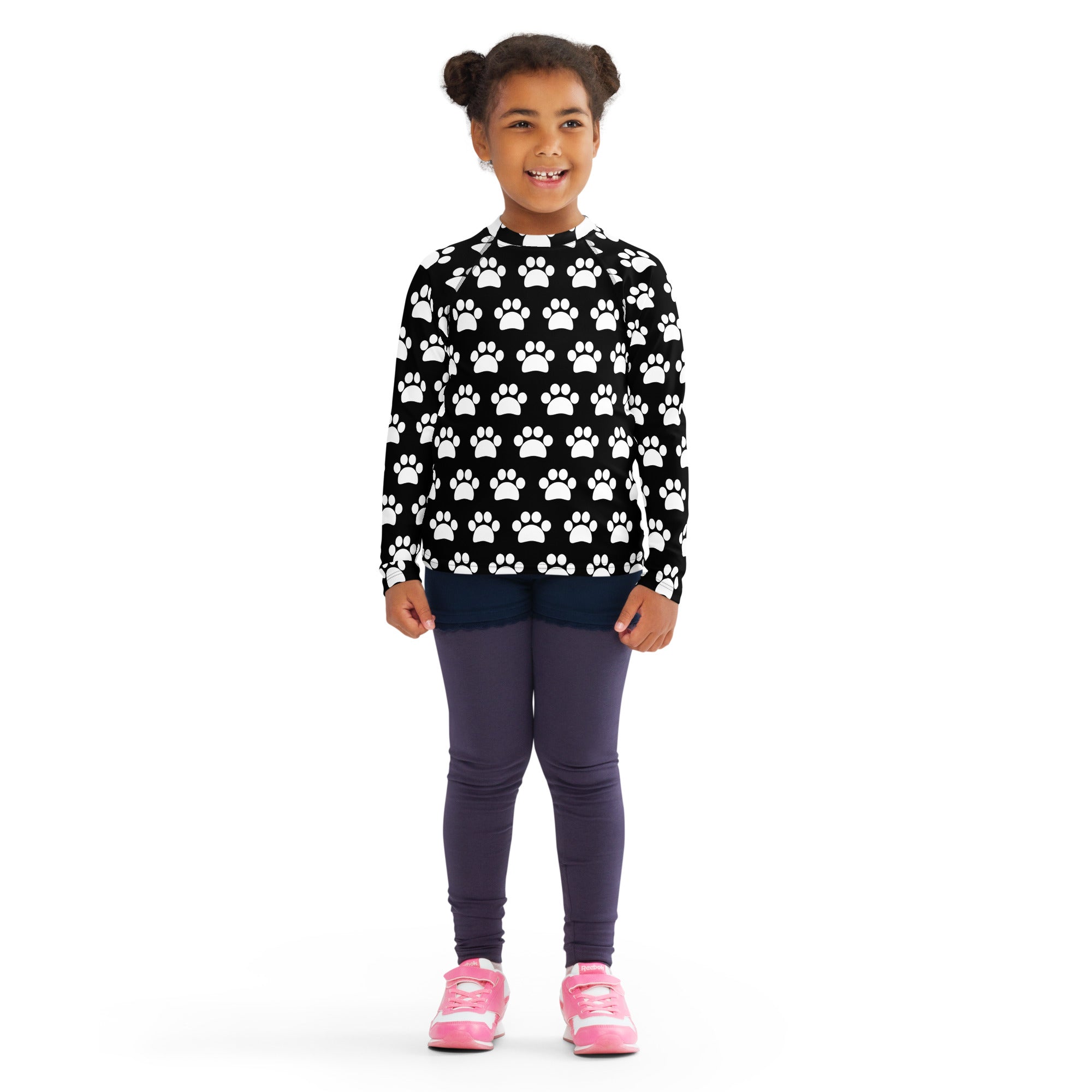 Kids Black Paw Print Long Sleeve Rash Guard Swim Shirt – Buttery Soft, Sun Safe UPF 50+ Protection, Quick Dry & 4-Way Stretch Comfort