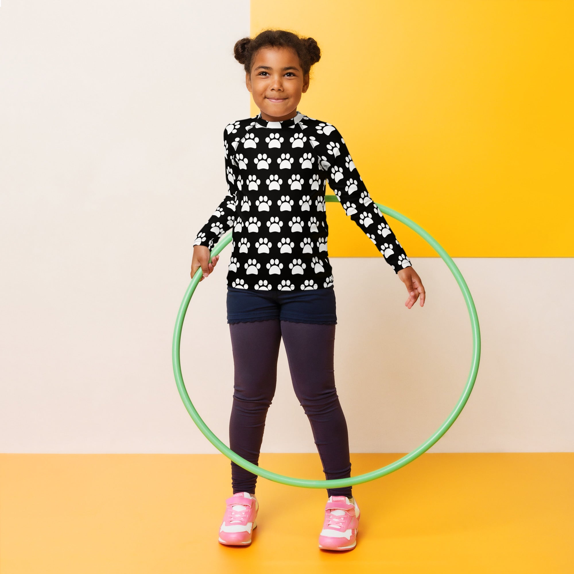 Kids Black Paw Print Long Sleeve Rash Guard Swim Shirt – Buttery Soft, Sun Safe UPF 50+ Protection, Quick Dry & 4-Way Stretch Comfort