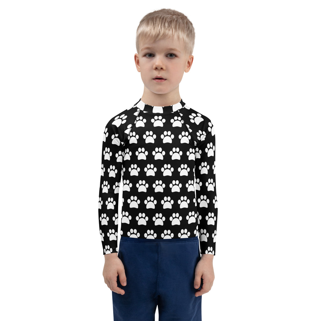 Kids Black Paw Print Long Sleeve Rash Guard Swim Shirt – Buttery Soft, Sun Safe UPF 50+ Protection, Quick Dry & 4-Way Stretch Comfort