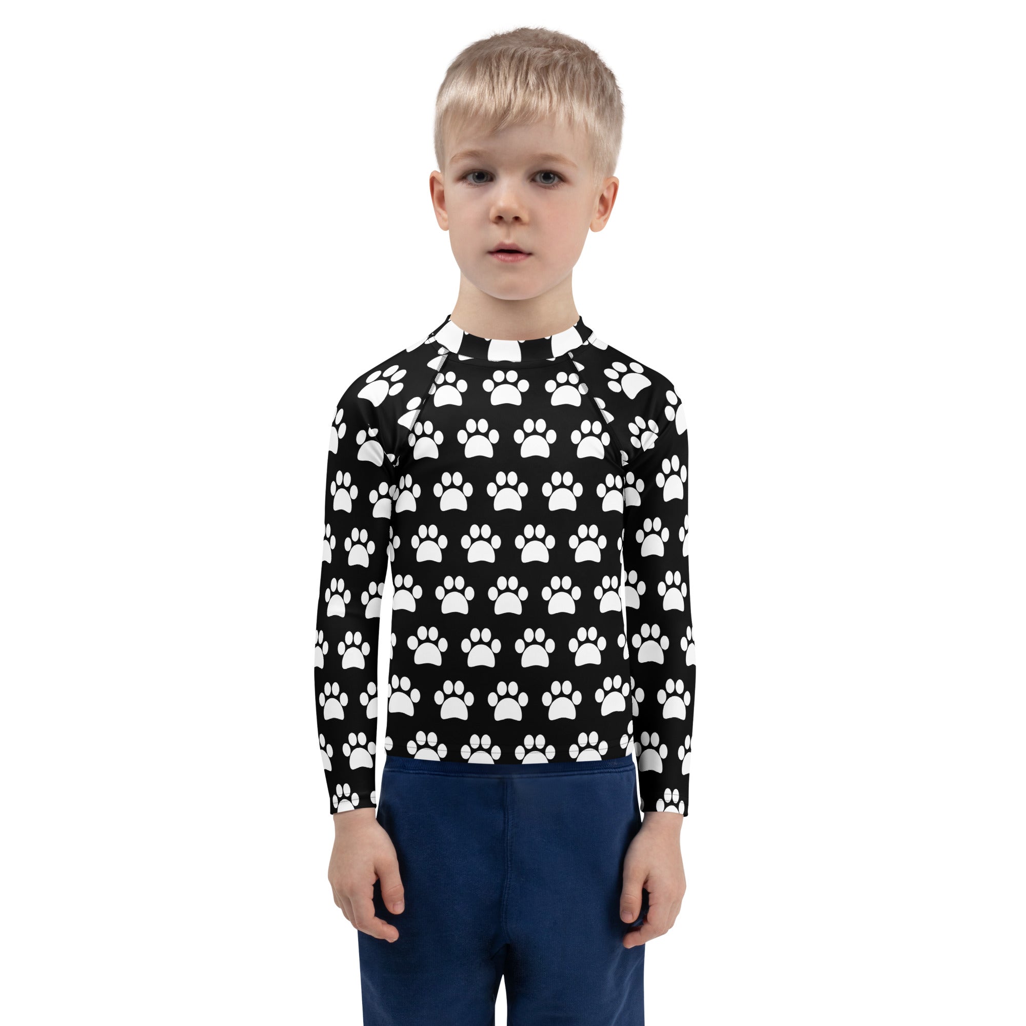 Kids Black Paw Print Long Sleeve Rash Guard Swim Shirt – Buttery Soft, Sun Safe UPF 50+ Protection, Quick Dry & 4-Way Stretch Comfort