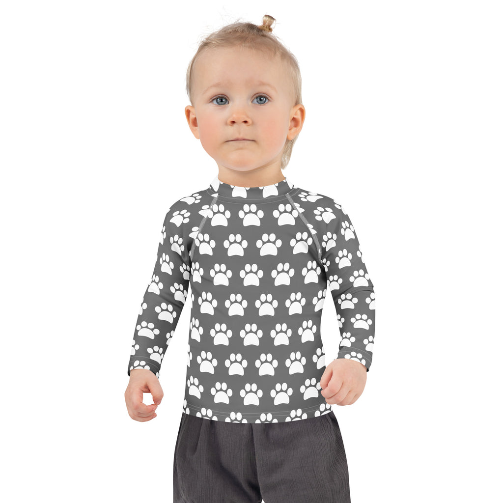 Kids Gray Paw Print Long Sleeve Rash Guard Swim Shirt – Buttery Soft, Sun Safe UPF 50+ Protection, Quick Dry & 4-Way Stretch Comfort
