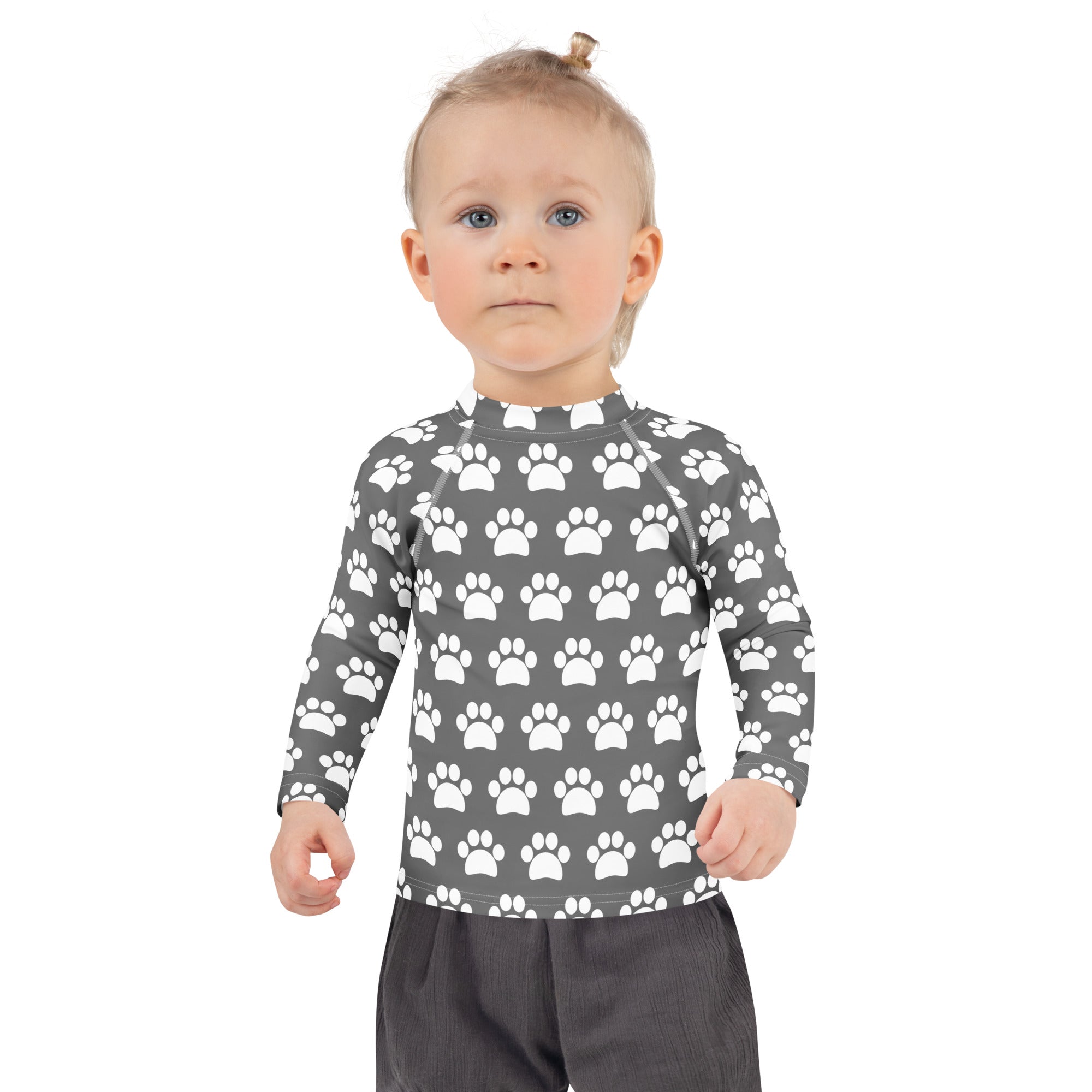 Kids Gray Paw Print Long Sleeve Rash Guard Swim Shirt – Buttery Soft, Sun Safe UPF 50+ Protection, Quick Dry & 4-Way Stretch Comfort