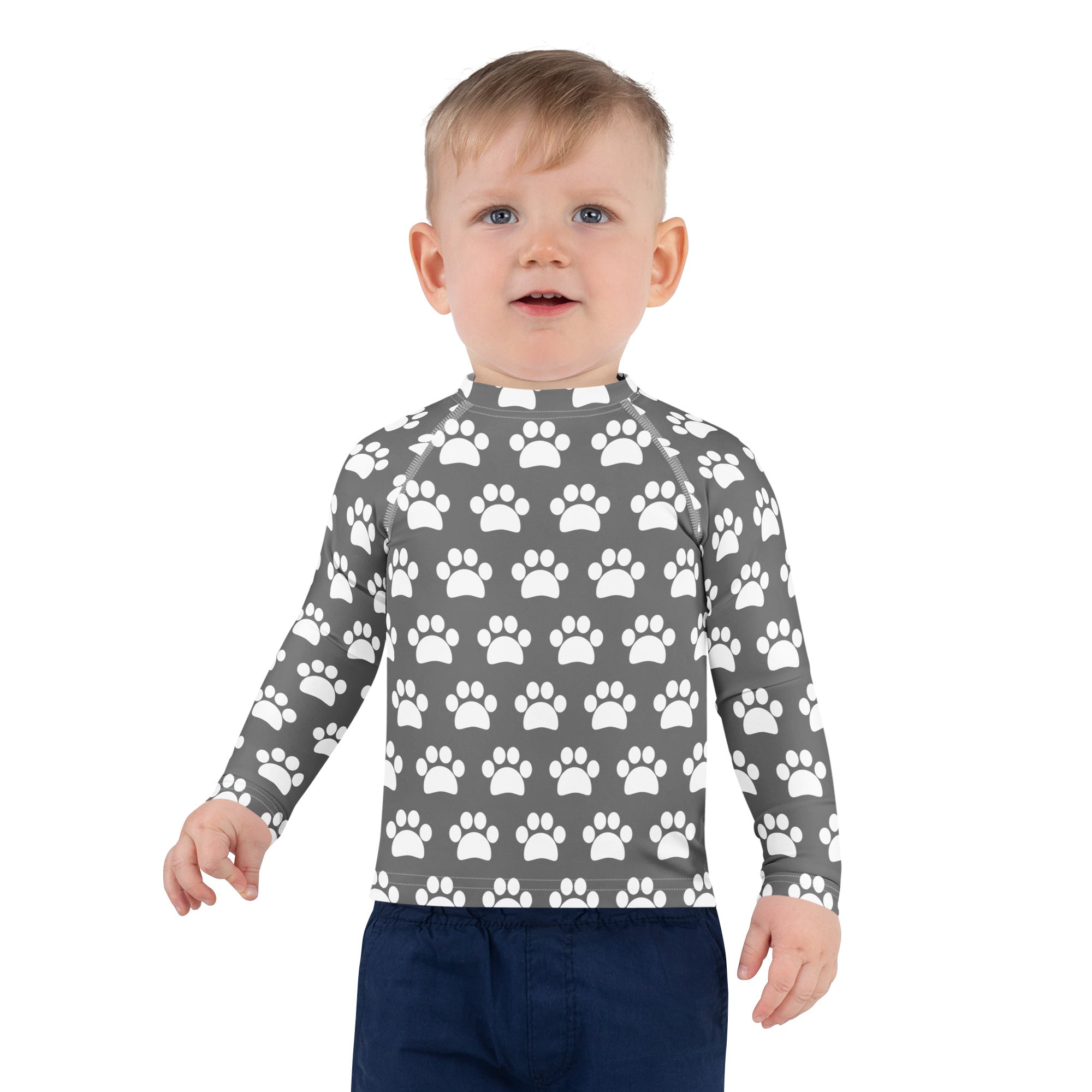 Kids Gray Paw Print Long Sleeve Rash Guard Swim Shirt – Buttery Soft, Sun Safe UPF 50+ Protection, Quick Dry & 4-Way Stretch Comfort