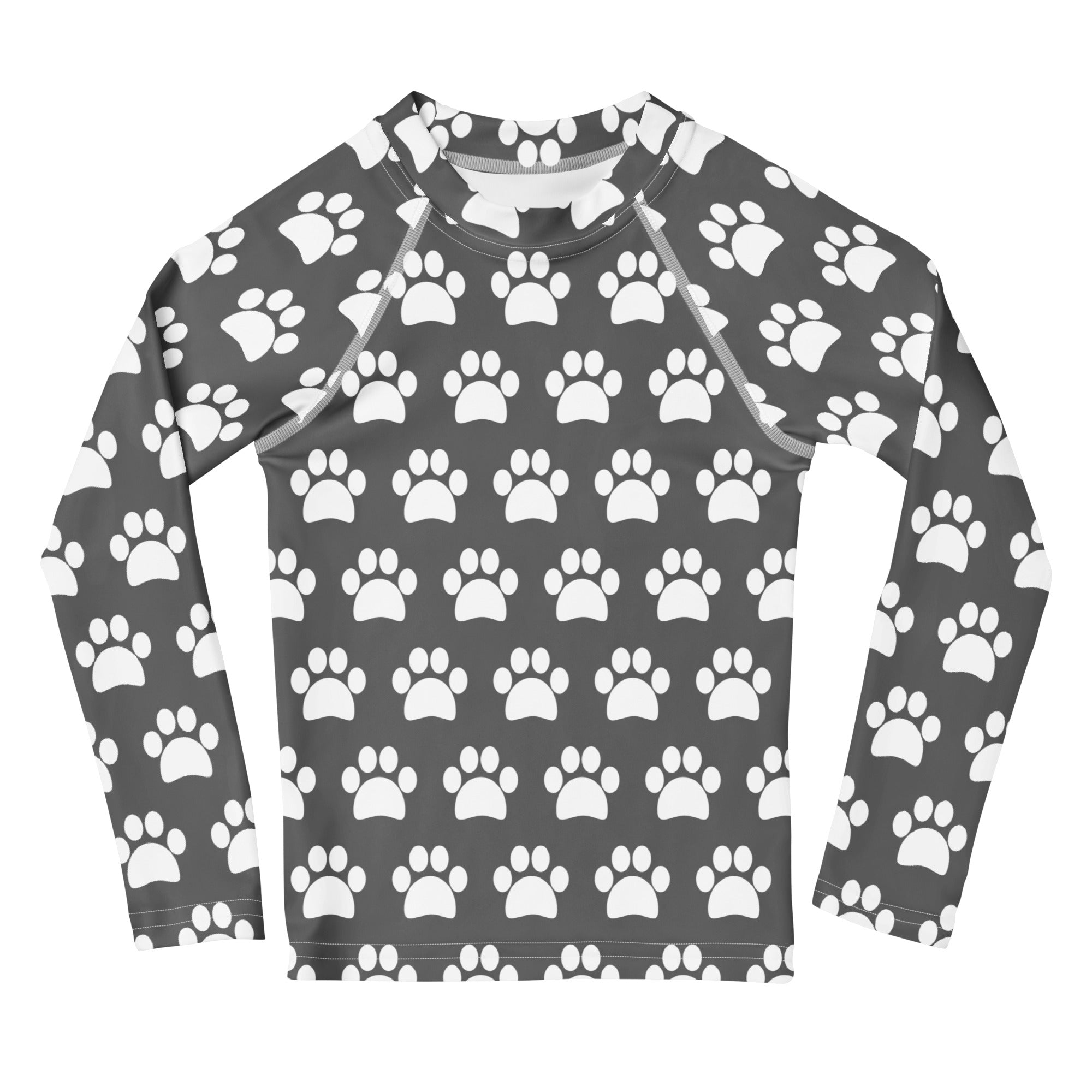Kids Gray Paw Print Long Sleeve Rash Guard Swim Shirt – Buttery Soft, Sun Safe UPF 50+ Protection, Quick Dry & 4-Way Stretch Comfort